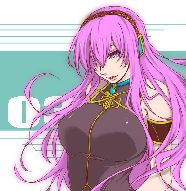 kouya (libera), megurine luka, vocaloid, bad id, bad pixiv id, 1girl, bare shoulders, breasts, female focus, hair over one eye, large breasts, long hair, pink hair, solo