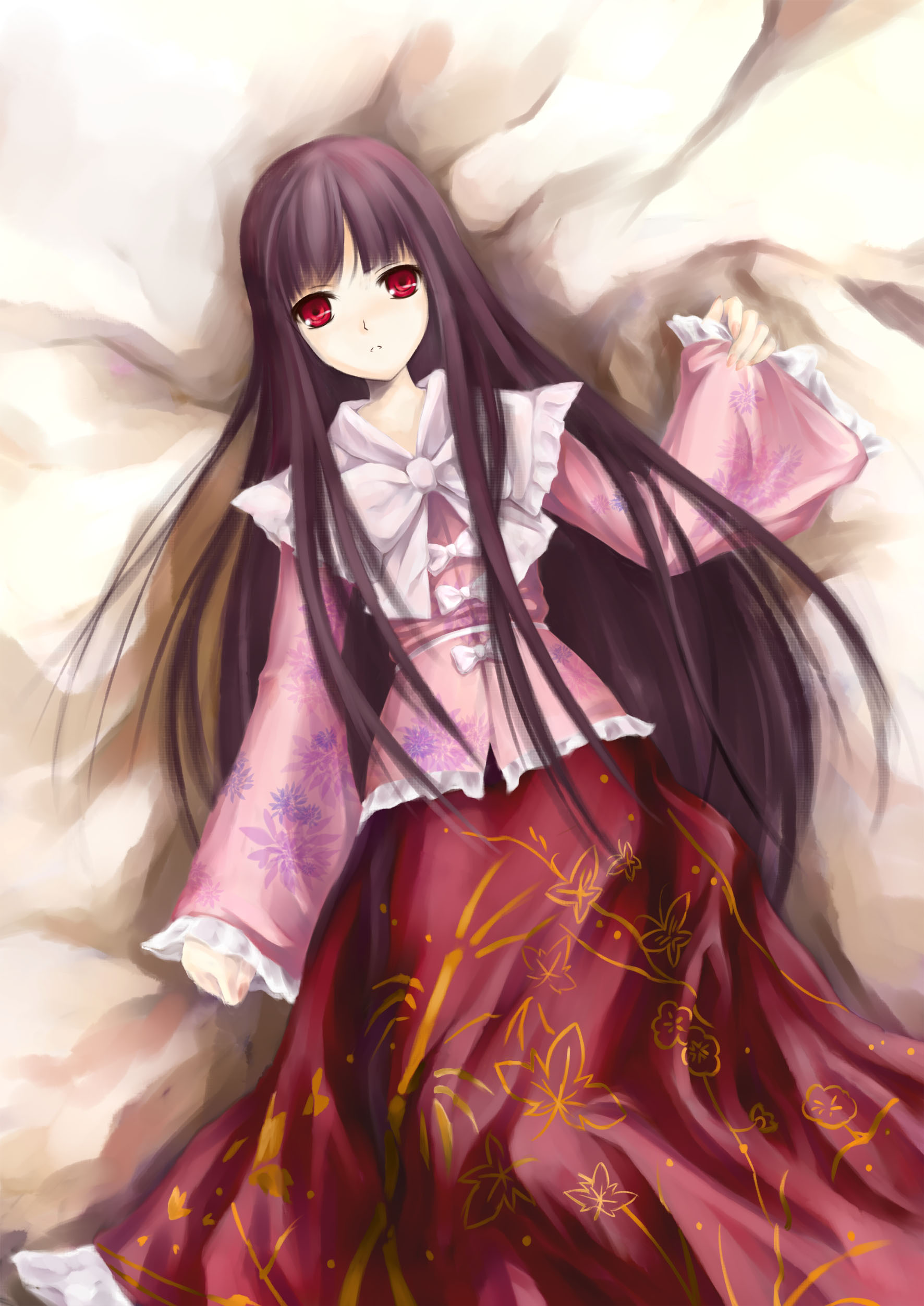 foreverchaos, houraisan kaguya, touhou, absurdres, highres, 1girl, bed, black hair, female focus, japanese clothes, kimono, long hair, lying, on back, red eyes, solo