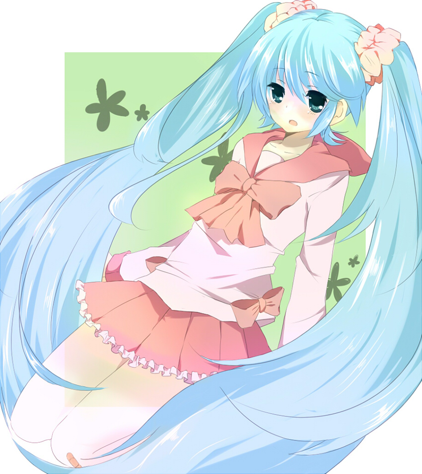 yuzuha (artist), hatsune miku, hatsune miku (lollipop), lol -lots of laugh- (vocaloid), lots of laugh, vocaloid, bad id, bad pixiv id, 1girl, aqua eyes, aqua hair, bandaid, bandaid on knee, bandaid on leg, bow, female focus, long hair, ribbon, school uniform, serafuku, skirt, solo, twintails, very long hair