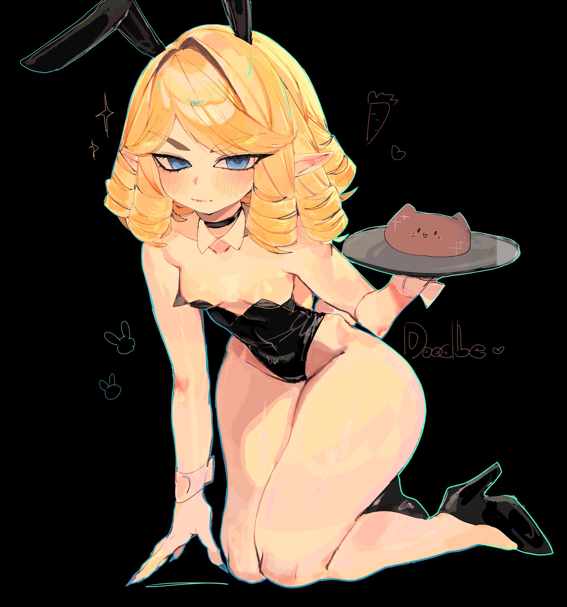 usa37107692, francois (dr. stone), dr. stone, commentary request, highres, 1girl, animal ears, black background, black choker, black leotard, black shoes, blonde hair, blue eyes, breasts, choker, closed mouth, detached collar, drill hair, fake animal ears, full body, high heels, holding, holding tray, leotard, looking at viewer, parted bangs, playboy bunny, pointy ears, rabbit ears, shoes, short hair, small breasts, solo, strapless, strapless leotard, thighs, tray, white wrist cuffs, wrist cuffs