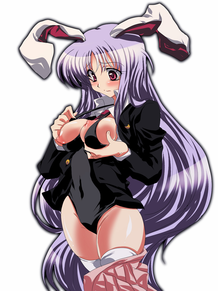 mekabu, reisen udongein inaba, touhou, bad id, bad pixiv id, 1girl, animal ears, blazer, breasts, female focus, jacket, long hair, medium breasts, nipples, one-piece swimsuit, purple hair, rabbit ears, red eyes, skirt, solo, swimsuit, swimsuit under clothes, thighhighs, undersized clothes, very long hair, white background