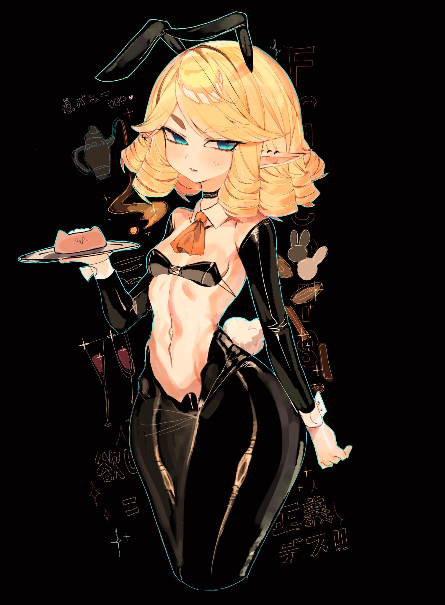 usa37107692, francois (dr. stone), dr. stone, commentary request, highres, 1girl, animal ears, black background, black bra, black choker, black hiphighs, blonde hair, blue eyes, bra, breasts, choker, cropped legs, detached collar, detached sleeves, drill hair, fake animal ears, heart maebari, hiphighs, holding, holding tray, looking at viewer, maebari, navel, parted bangs, parted lips, playboy bunny, pointy ears, rabbit ears, reverse bunnysuit, reverse outfit, short hair, small breasts, solo, stomach, sweat, tray, underwear, white wrist cuffs, wrist cuffs