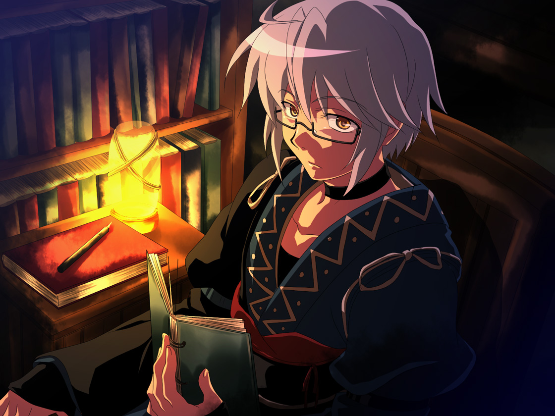 mekabu, morichika rinnosuke, curiosities of lotus asia, touhou, silver hair, bad id, bad pixiv id, 1boy, book, bookshelf, choker, glasses, kourindou, male focus, short hair, solo, yellow eyes