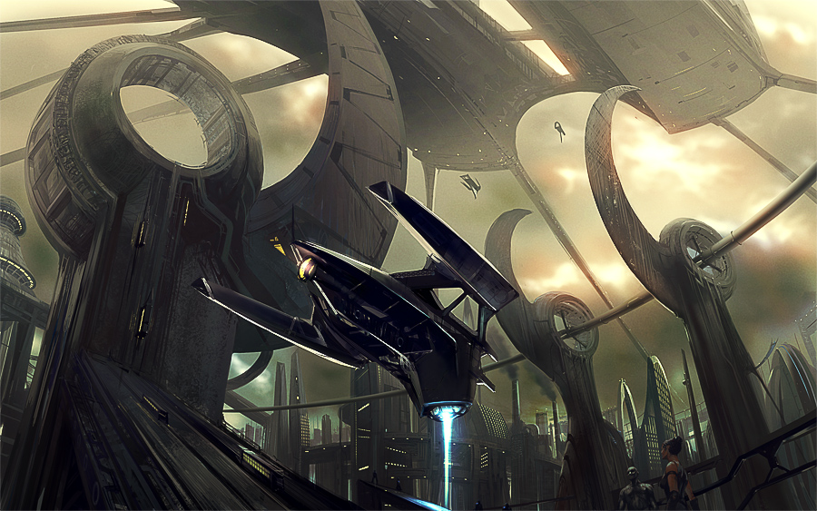 noba, original, building, city, cityscape, dark, glowing, scenery, science fiction, ship, sky, smoke, spacecraft, watercraft