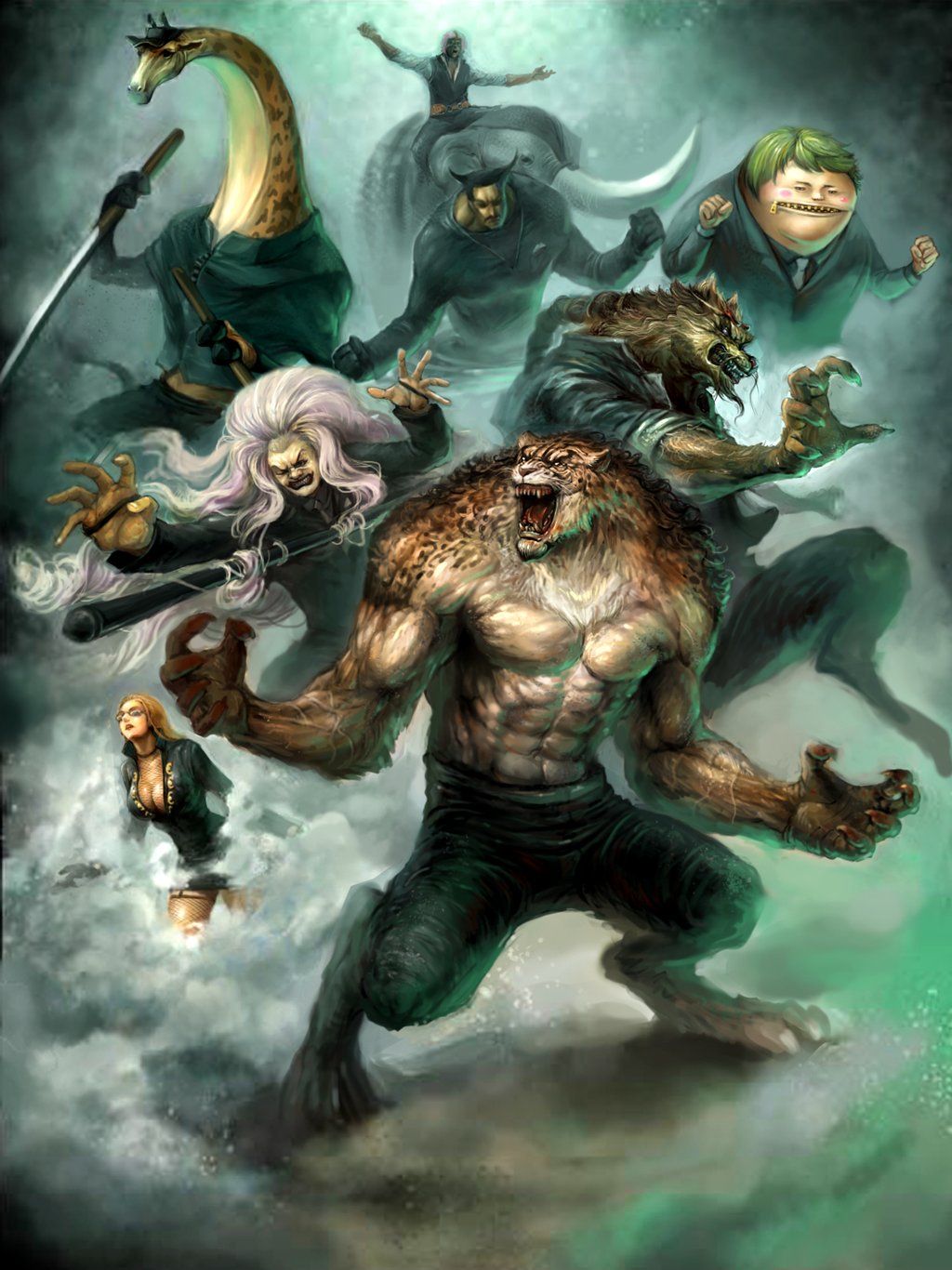 saryth, blueno, fukurou (one piece), funkfreed, jabra (one piece), kaku (one piece), kalifa (one piece), kumadori (one piece), rob lucci, spandam, one piece, highres, image sample, 1girl, 6+boys, abs, animal, baseball cap, black gloves, black hair, black pants, blonde hair, bubble, cat, claws, clenched hand, devil fruit, dog, dual wielding, elephant, enies lobby, everyone, fangs, fighting stance, fishnets, formal clothes, giraffe, glasses, gloves, hat, holding, leopard, long hair, long neck, monster boy, multiple boys, muscular, pants, pink hair, pole, prehensile hair, realistic, riding, sharp teeth, soap, staff, suit, sunglasses, sword, teeth, thighhighs, weapon, werewolf, white hair, wolf, zipper, zoan