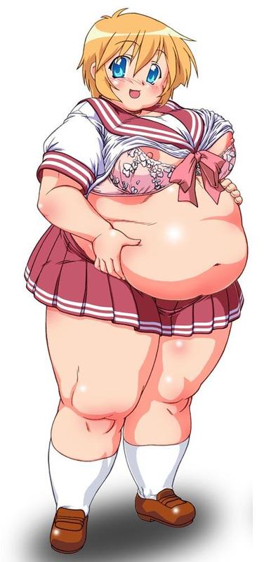 harumi-knd, patricia martin, lucky star, jpeg artifacts, long image, tall image, 00s, 1girl, belly, belly grab, blonde hair, blue eyes, bra, breasts, fat, fat woman, female focus, huge breasts, large breasts, lingerie, midriff, obese, school uniform, serafuku, solo, thick thighs, thighs, underwear