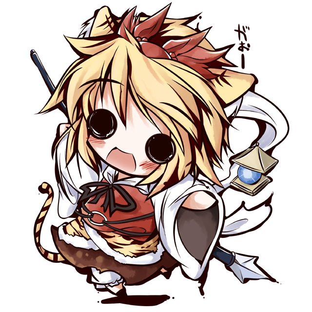 shin no, yamaguchi shinnosuke, toramaru shou, touhou, 1girl, animal ears, bishamonten's pagoda, blush, chibi, female focus, gao, hair ornament, kemonomimi mode, polearm, shawl, solo, spear, tail, tiger ears, tiger tail, weapon