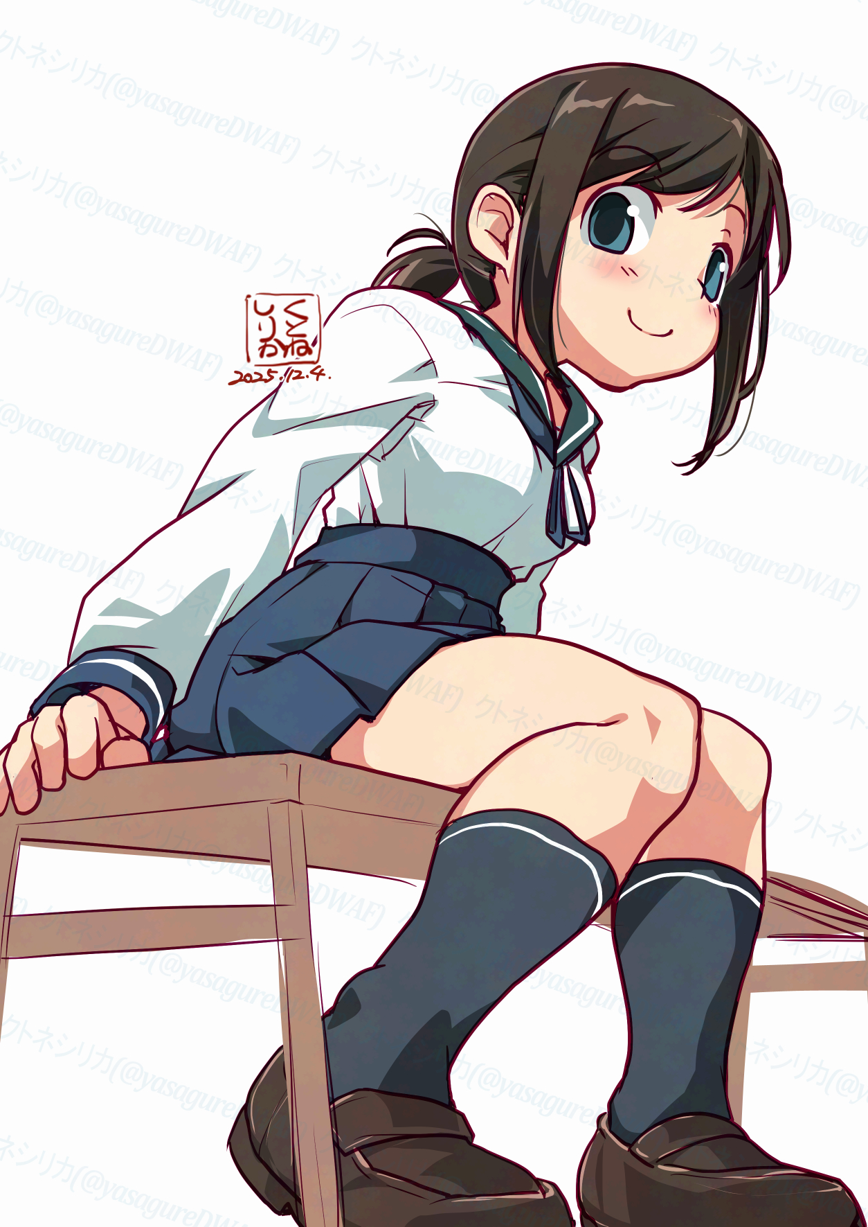 kutone shirika, fubuki (kancolle), kantai collection, commentary request, highres, 1girl, alternate eye color, black socks, blue eyes, blue neckerchief, blue skirt, blush, brown hair, brown shoes, dated, from behind, from side, green sailor collar, high-waist skirt, kneehighs, loafers, long sleeves, looking at viewer, low ponytail, medium hair, neckerchief, pleated skirt, ponytail, sailor collar, school uniform, serafuku, shirt, shoes, sidelocks, sitting, skirt, smile, socks, solo, thighs, twitter username, watermark, white background, white shirt
