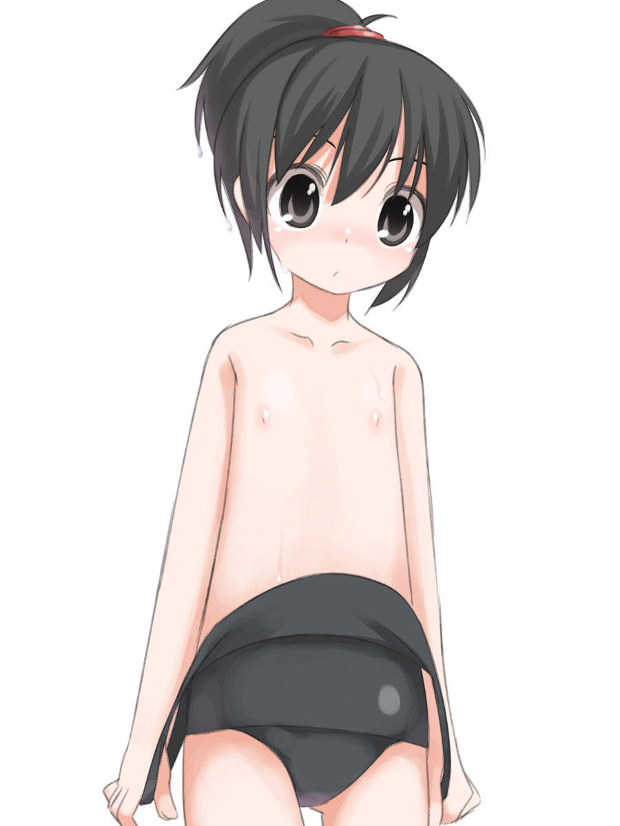 shouji ayumu, original, highres, 1girl, black eyes, black hair, clothes pull, female focus, flat chest, loli, nipples, one-piece swimsuit, one-piece swimsuit pull, ponytail, pulling own clothes, school swimsuit, short hair, solo, swimsuit, topless female