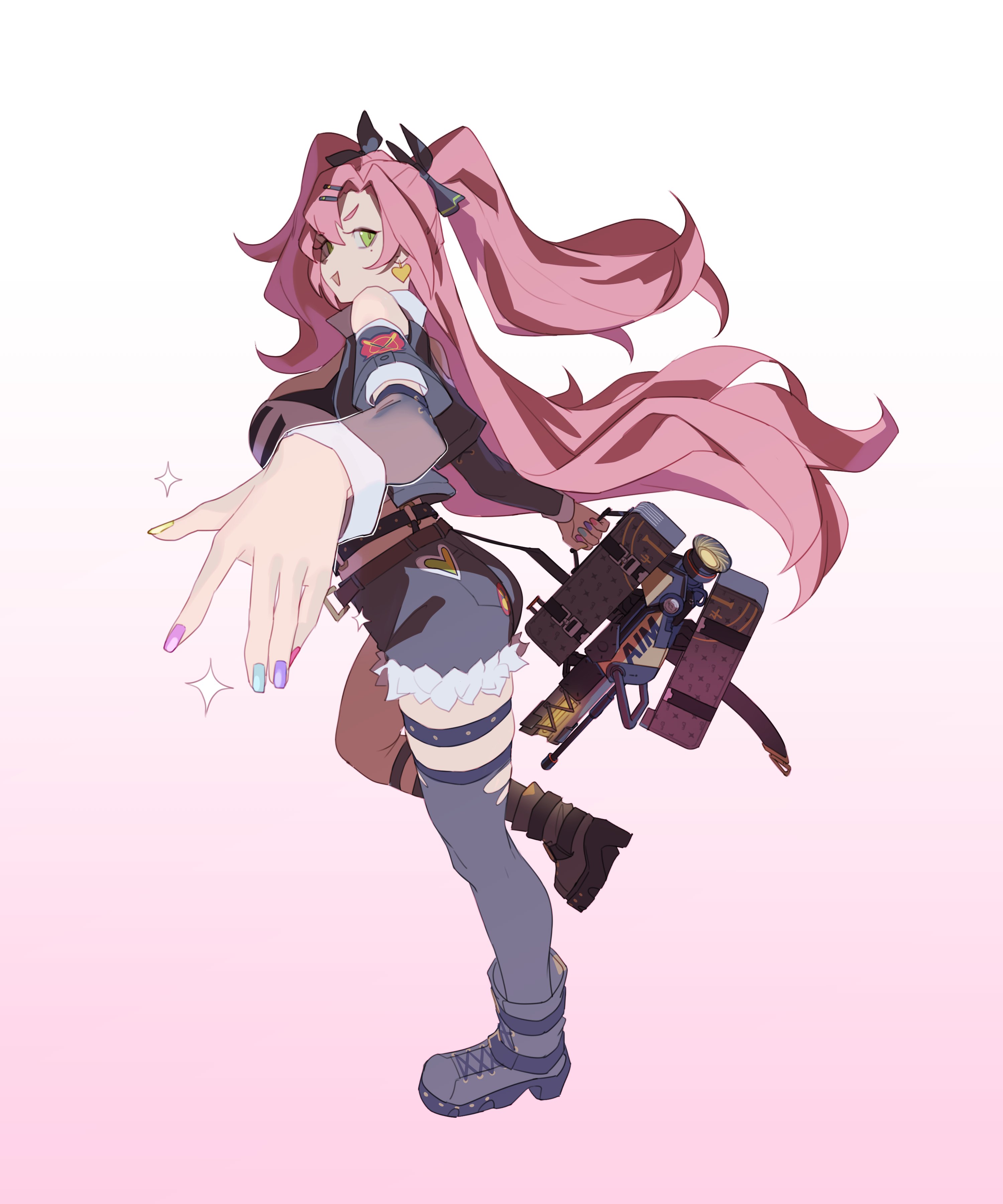 aragiken, nicole demara, zenless zone zero, absurdres, highres, 1girl, black ribbon, black shoes, black shorts, breasts, cleavage, clothing cutout, cutoffs, earrings, from side, full body, fur-trimmed shorts, fur trim, gradient background, green eyes, hair ornament, hairclip, heart, heart earrings, holding, holding weapon, jewelry, large breasts, long hair, looking at viewer, micro shorts, mole, mole under eye, multicolored nails, open mouth, pink background, pink hair, ribbon, shoes, shorts, shoulder cutout, single thighhigh, solo, sparkle, standing, standing on one leg, strapless, thighhighs, torn clothes, torn thighhighs, tube top, two side up, weapon, white background, white tube top