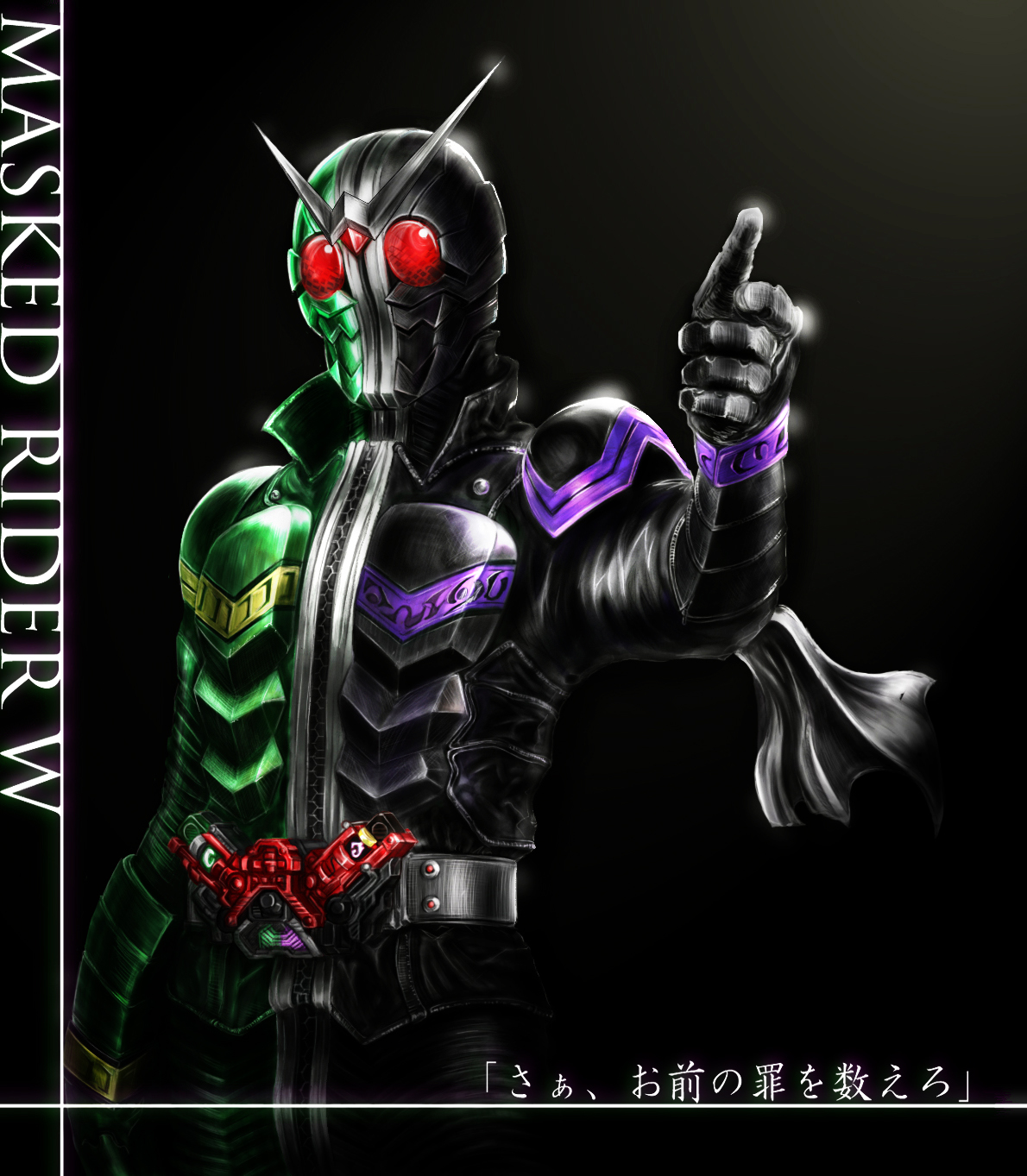 kamen rider double, kamen rider, kamen rider w, highres, antennae, belt, dark, male focus, scarf, solo