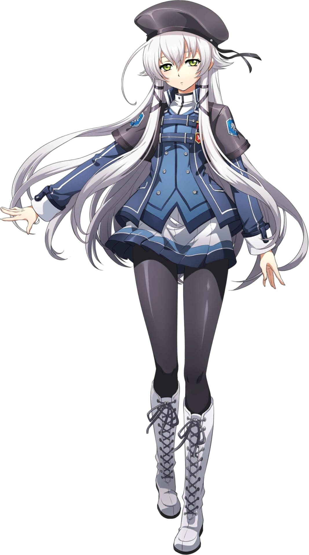 altina orion, eiyuu densetsu, langrisser, langrisser mobile, sen no kiseki, sen no kiseki (series), sen no kiseki iii, highres, official art, 1girl, beret, black hat, black pantyhose, boots, capelet, double-parted bangs, floating hair, full body, green eyes, hair between eyes, hat, jacket, knee boots, lace-up boots, long hair, long sleeves, looking at viewer, pantyhose, school uniform, simple background, skirt, solo, tachi-e, thors military academy branch campus uniform, transparent background, two side up, white boots, white hair