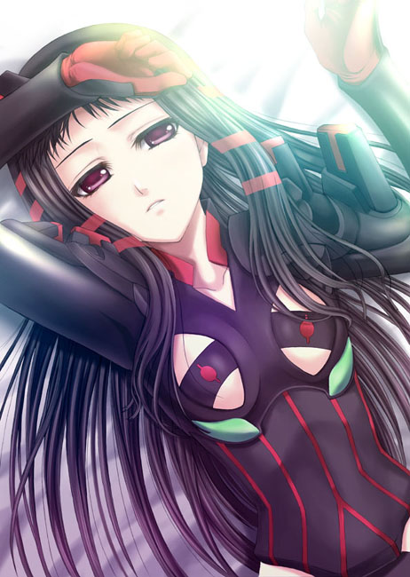 sasano shiki, jakuri (ar tonelico), ar tonelico, ar tonelico ii, gust, bad id, bad pixiv id, 00s, 1girl, black hair, bodysuit, female focus, gloves, lying, purple eyes, solo