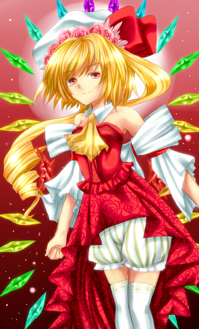 asano tomoya, nikoren, flandre scarlet, touhou, 1girl, blonde hair, bloomers, female focus, hat, one side up, ponytail, red eyes, short hair, side ponytail, solo, thighhighs, underwear, wings