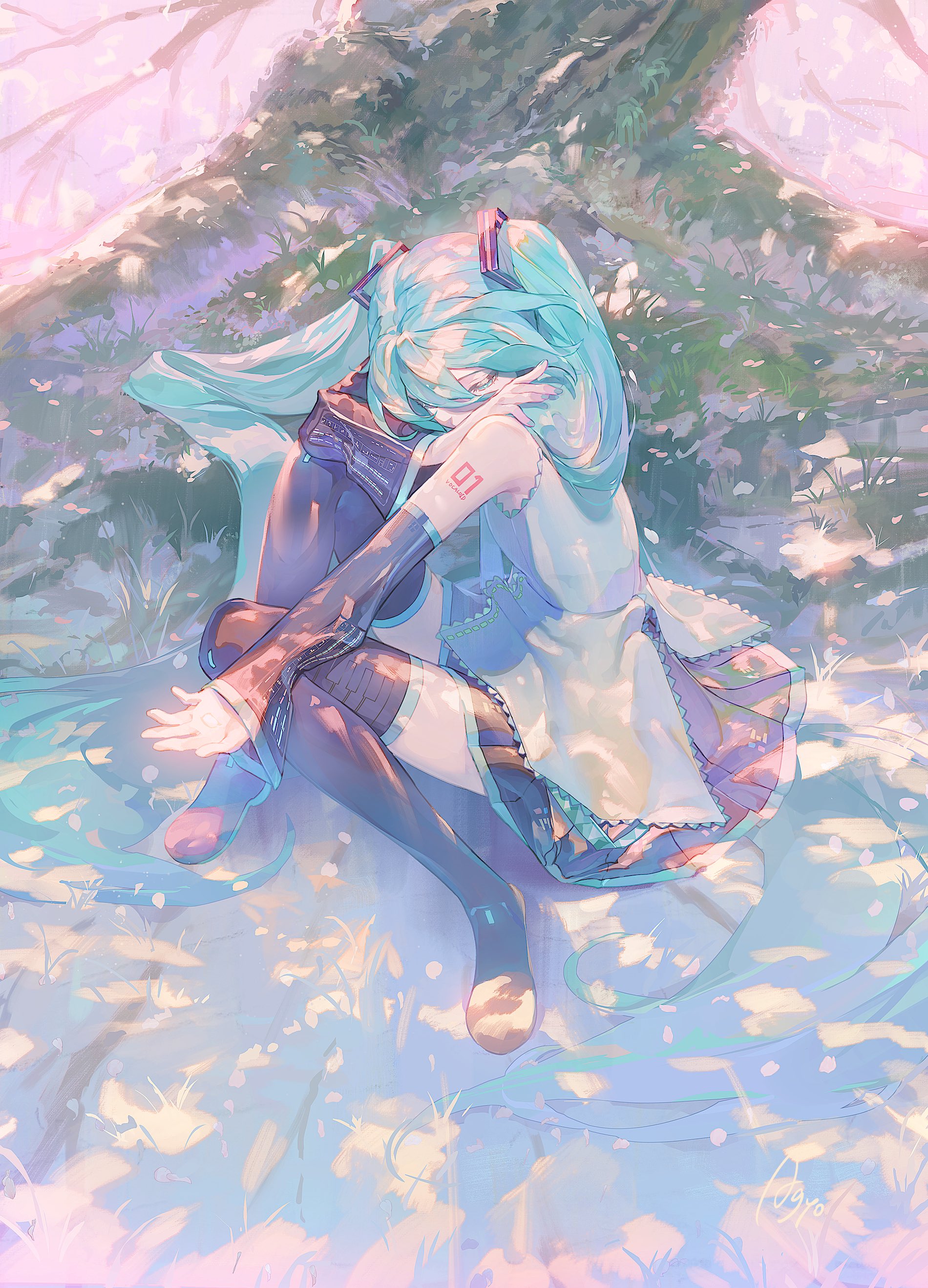 agyou sonokou l, hatsune miku, vocaloid, absurdres, highres, 1girl, aqua hair, black boots, black shirt, black sleeves, boots, closed eyes, detached sleeves, full moon, grey shirt, long sleeves, moon, pleated skirt, shirt, skirt, sleeveless, sleeveless shirt, solo, thigh boots, twintails