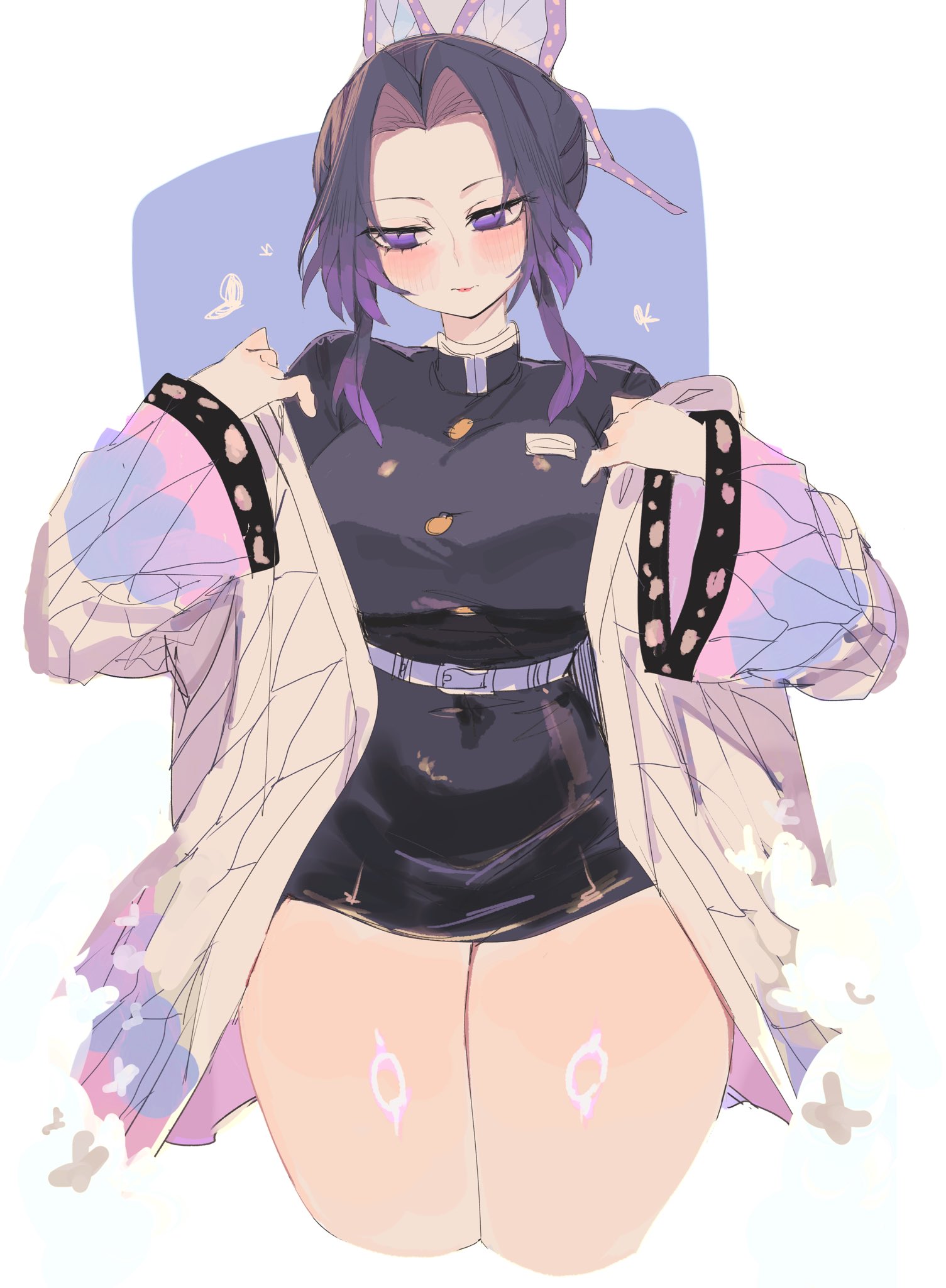 usa37107692, kochou shinobu, kimetsu no yaiba, commentary request, highres, 1girl, black dress, blush, breasts, butterfly hair ornament, closed mouth, cropped legs, demon slayer uniform, dress, hair ornament, japanese clothes, large breasts, long sleeves, looking down, purple eyes, purple hair, short hair, sidelocks, solo, thick thighs, thighs, wide sleeves