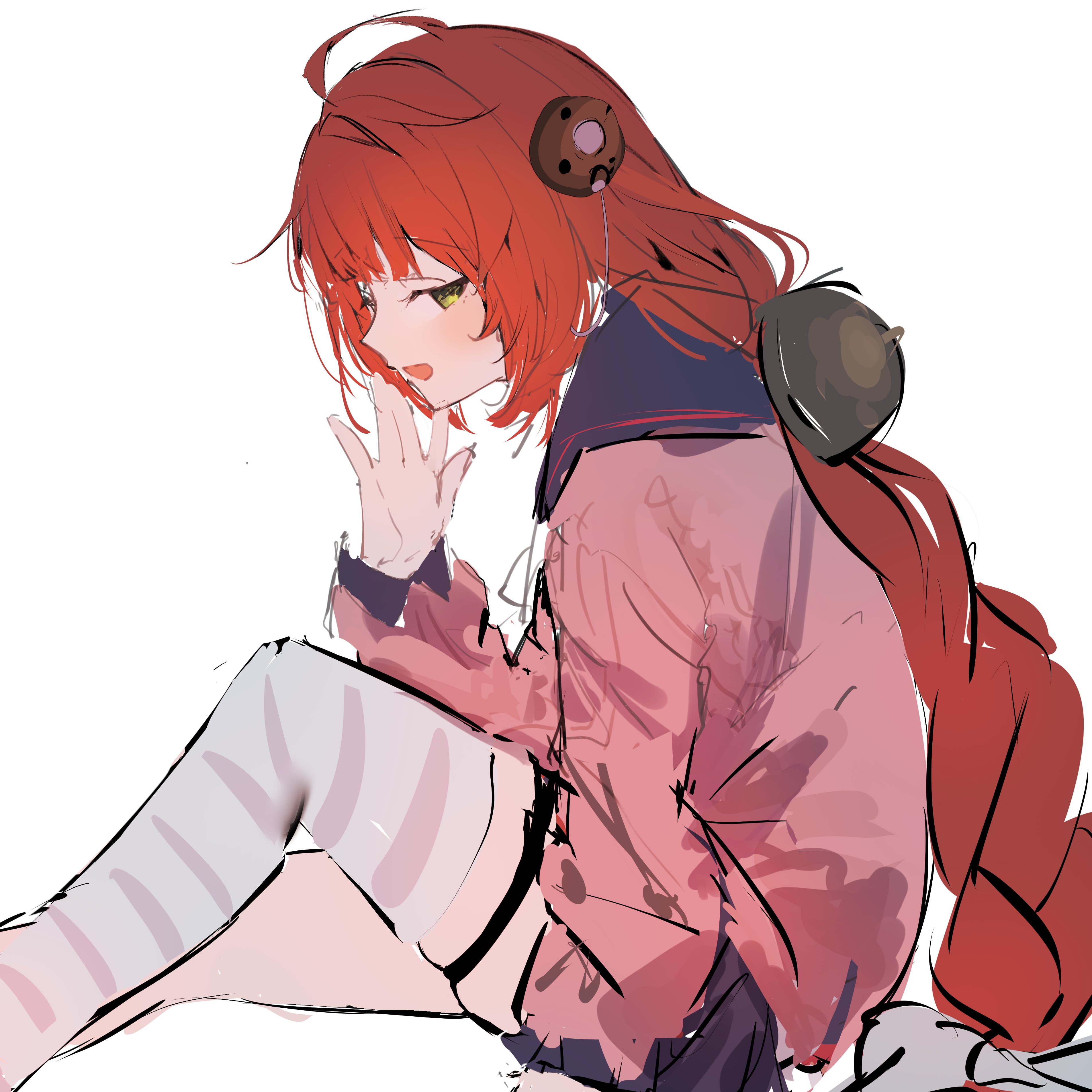 katata, ukinami yuzuha, zenless zone zero, absurdres, highres, 1girl, ahoge, braid, braided twintails, cardigan, feet out of frame, from side, green eyes, hair ornament, hair ribbon, hand up, hearing aid, knee up, long hair, looking at viewer, open mouth, pink cardigan, red hair, ribbon, simple background, single thighhigh, solo, sphere hair ornament, striped clothes, striped thighhighs, thigh strap, thighhighs, white background, white ribbon, white thighhighs