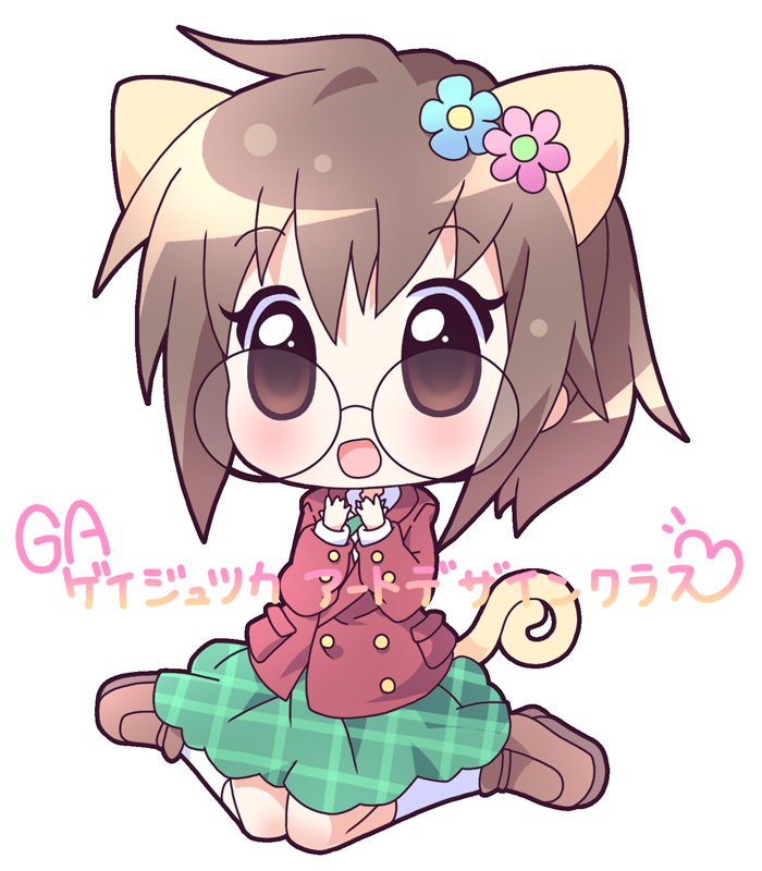 mirai (sugar), yamaguchi kisaragi, ga geijutsuka art design class, 00s, 1girl, animal ears, cat ears, cat girl, chibi, female focus, flower, full body, glasses, kneeling, solo, white background