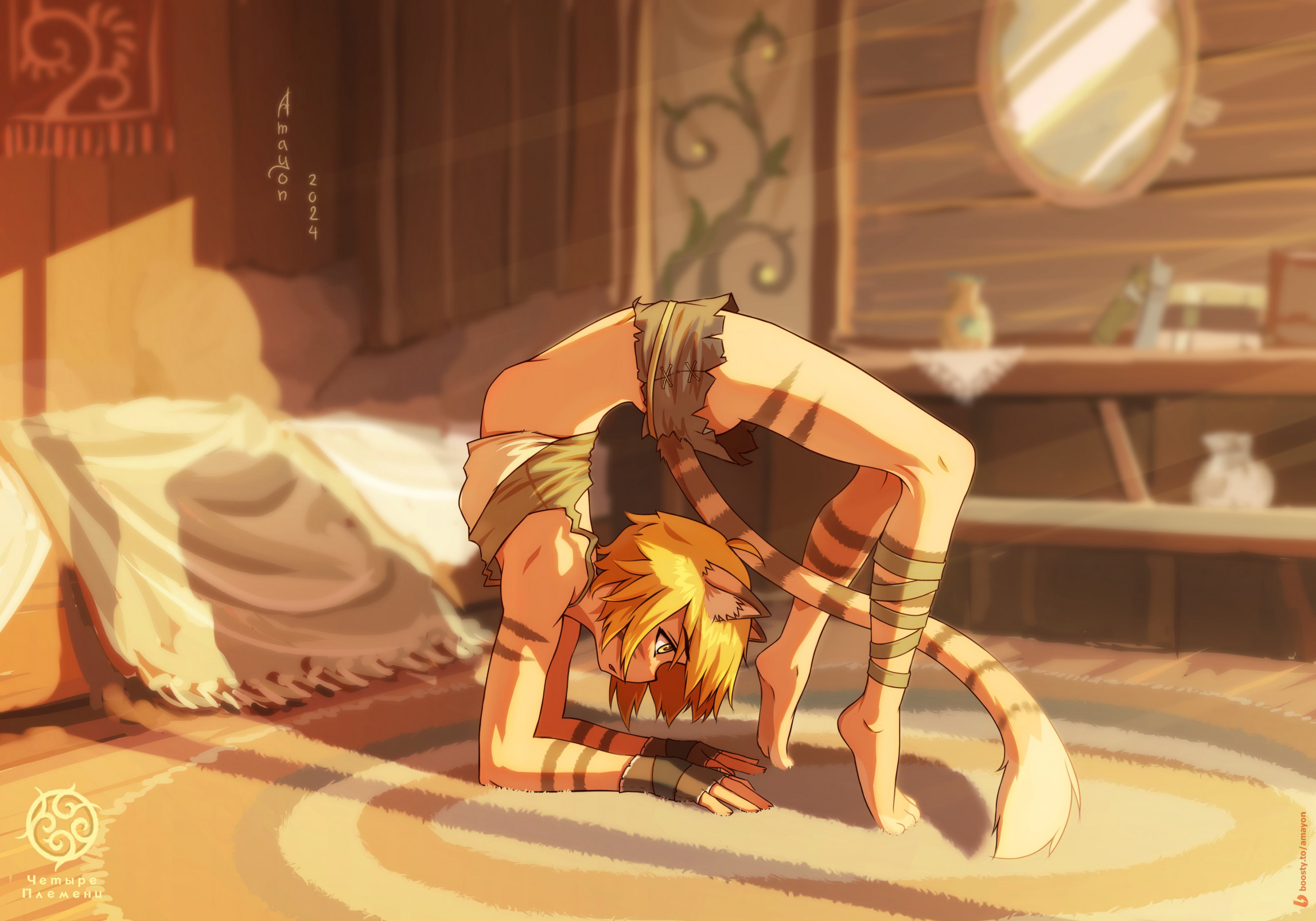 original, highres, 1girl, amayon, animal ears, animal feet, ankle ribbon, arched back, blonde hair, blurry, body bridge, body markings, brown shorts, carpet, cat ears, cat girl, cat tail, clothes lift, criss-cross straps, depth of field, fingerless gloves, flexible, from side, full body, gloves, gymnastics, indoors, leg ribbon, mirror, ribbon, sack, shelf, short hair, short shorts, shorts, stomach, tail, tank top, tapestry, wooden floor, wooden wall, yellow eyes