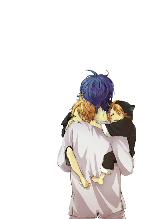 shouyu meshi, turatura, kagamine len, kagamine rin, kaito (vocaloid), vocaloid, 1girl, 2boys, blonde hair, blue hair, child, closed eyes, fatherly, from behind, holding, multiple boys, short hair, simple background, sleeping, upper body, white background