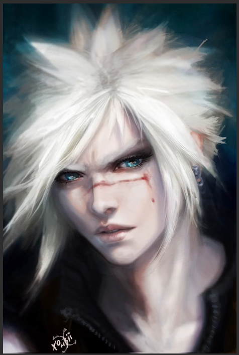 cloud strife, fenrir (final fantasy), final fantasy, final fantasy vii, final fantasy vii: advent children, commentary, english commentary, 1boy, black hair, black shirt, blonde hair, blood, blood on face, blue eyes, collarbone, devilottie, earrings, jewelry, lips, looking at viewer, male focus, parted lips, portrait, shirt, short hair, signature, solo, spiked hair, stud earrings, upper body