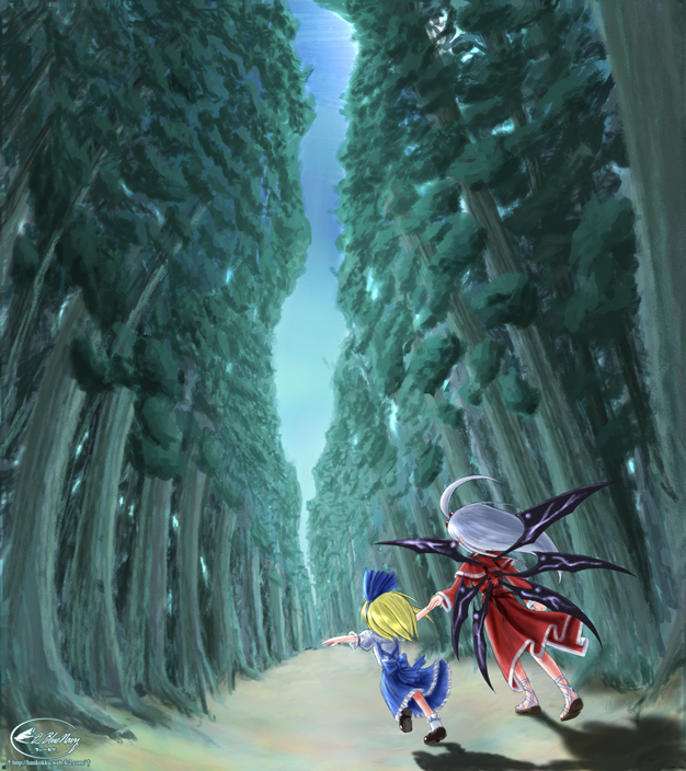 sabire, alice margatroid, alice margatroid (pc-98), shinki (touhou), mystic square, touhou, touhou (pc-98), silver hair, 2girls, blonde hair, female focus, forest, hair bobbles, hair ornament, multiple girls, nature, side ponytail, tree, wings