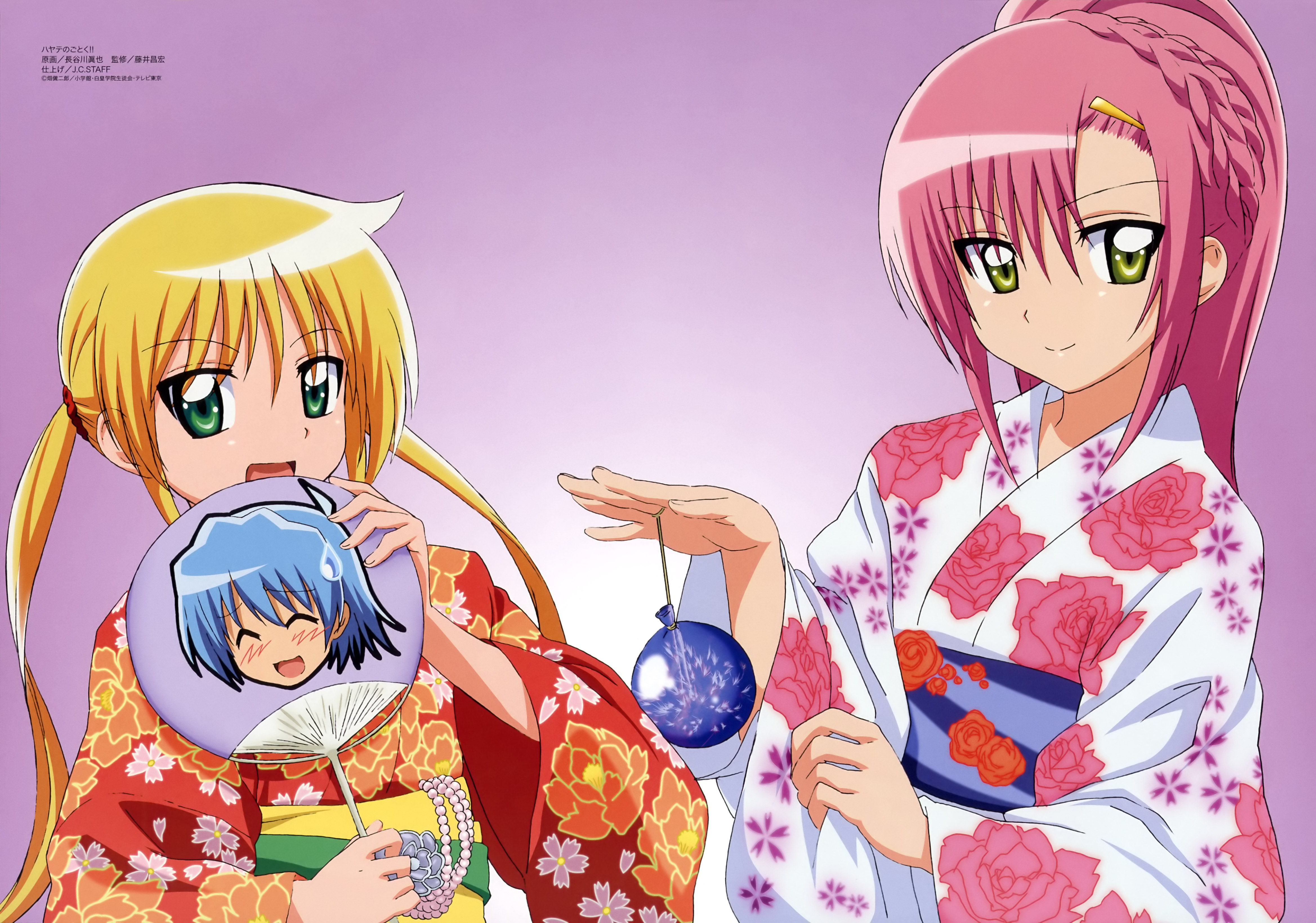 hasegawa shin'ya, ayasaki hayate, katsura hinagiku, sanzen'in nagi, hayate no gotoku!, absurdres, highres, non-web source, official art, scan, 00s, 2girls, ^ ^, blonde hair, blue hair, blush, closed eyes, green eyes, hair held back, hand fan, japanese clothes, kimono, long hair, multiple girls, obi, paper fan, pink hair, ponytail, sash, sweatdrop, twintails, uchiwa, very long hair, yellow eyes, yukata