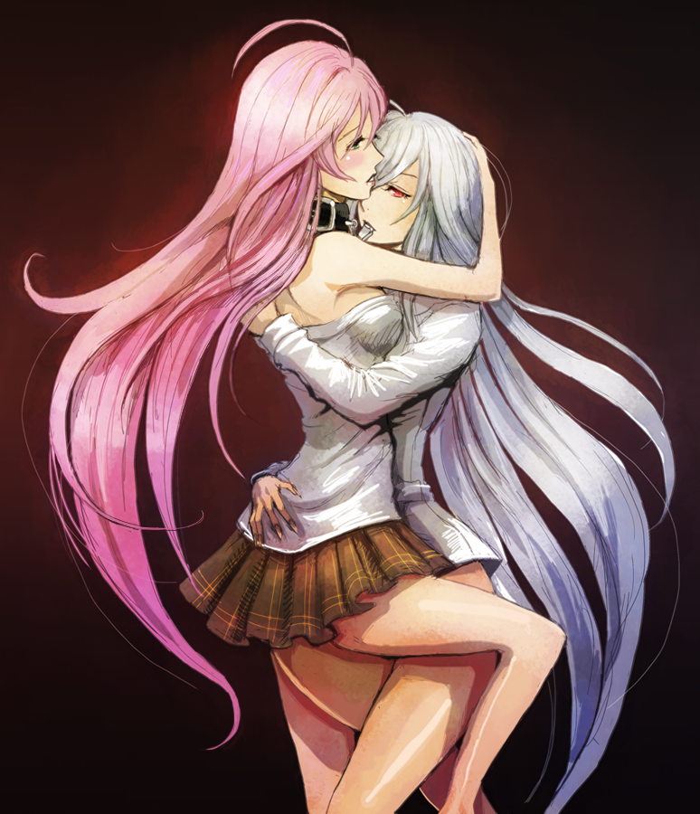 akashiya moka, inner moka, rosario+vampire, silver hair, 00s, 2girls, bad anatomy, blush, breasts, chain, choker, collar, dual persona, fang, fangs, green eyes, hug, long hair, medium breasts, multiple girls, pink hair, poorly drawn, red eyes, school uniform, selfcest, skirt, time paradox, vampire, very long hair, yuri