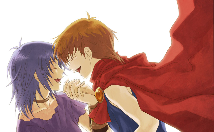 tea (retroz), yubel, yuki judai, yu-gi-oh!, yu-gi-oh! gx, 1boy, 1girl, brown hair, cape, choker, closed eyes, happy, hetero, holding hands, purple hair, short hair