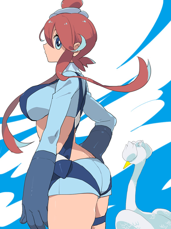 skyla (pokemon), swanna, nintendo, pokemon, pokemon bw, 1girl, ass, breasts, chi 3, from side, gen 5 pokemon, gloves, large breasts, long hair, long sleeves, red hair, short shorts, shorts, suspenders, thigh strap