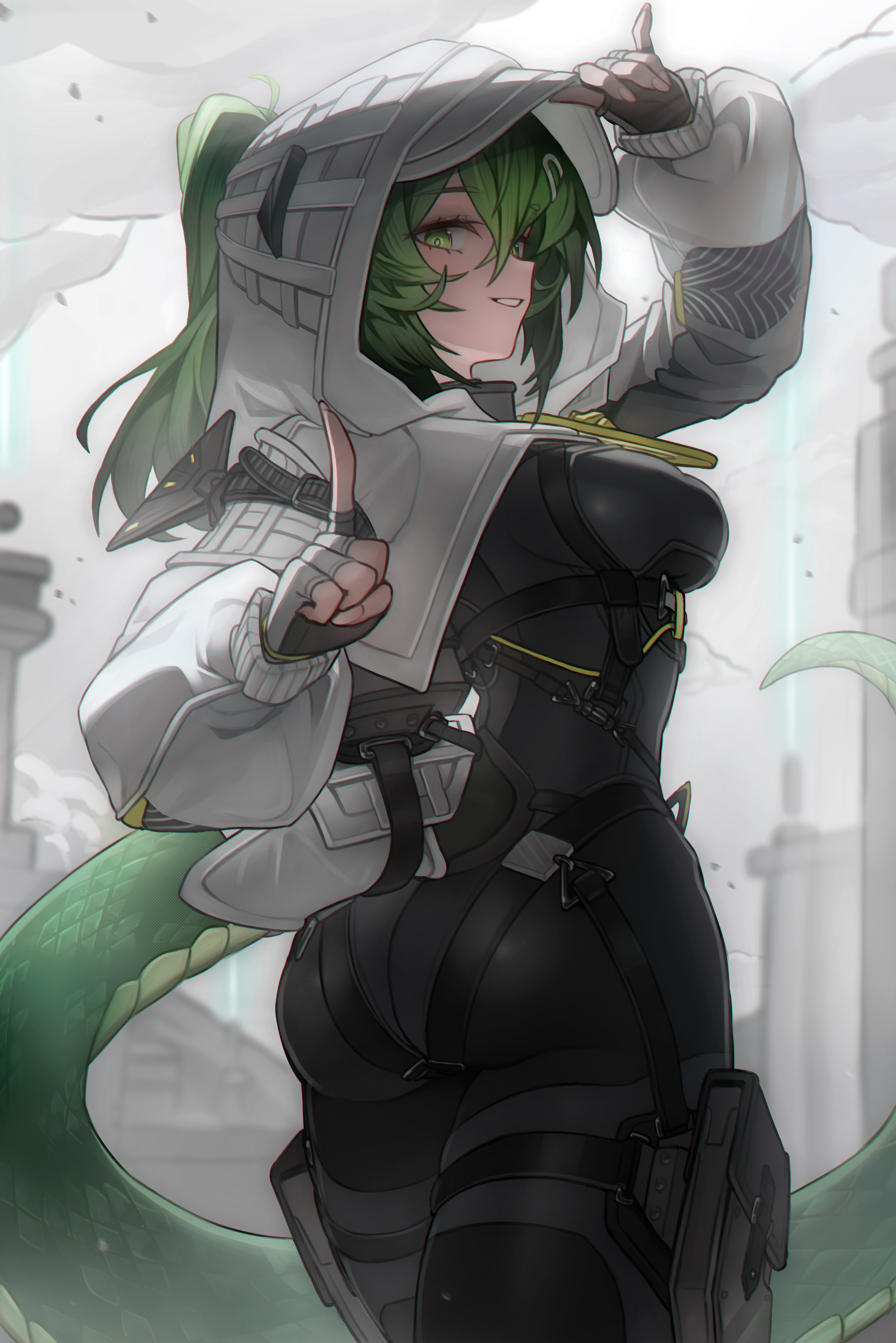 fluorite (arknights), arknights, arknights: endfield, absurdres, bilingual commentary, commentary, english commentary, highres, mixed-language commentary, 1girl, arm up, ass, black bodysuit, bodysuit, breasts, fingerless gloves, fingernails, from behind, gloves, green eyes, green hair, hair through hood, hand up, hood, hooded shrug, index finger raised, kooring, long hair, looking at viewer, looking back, medium breasts, parted lips, ponytail, shrug (clothing), smile, snake tail, solo, tail, twisted torso, white gloves, white shrug