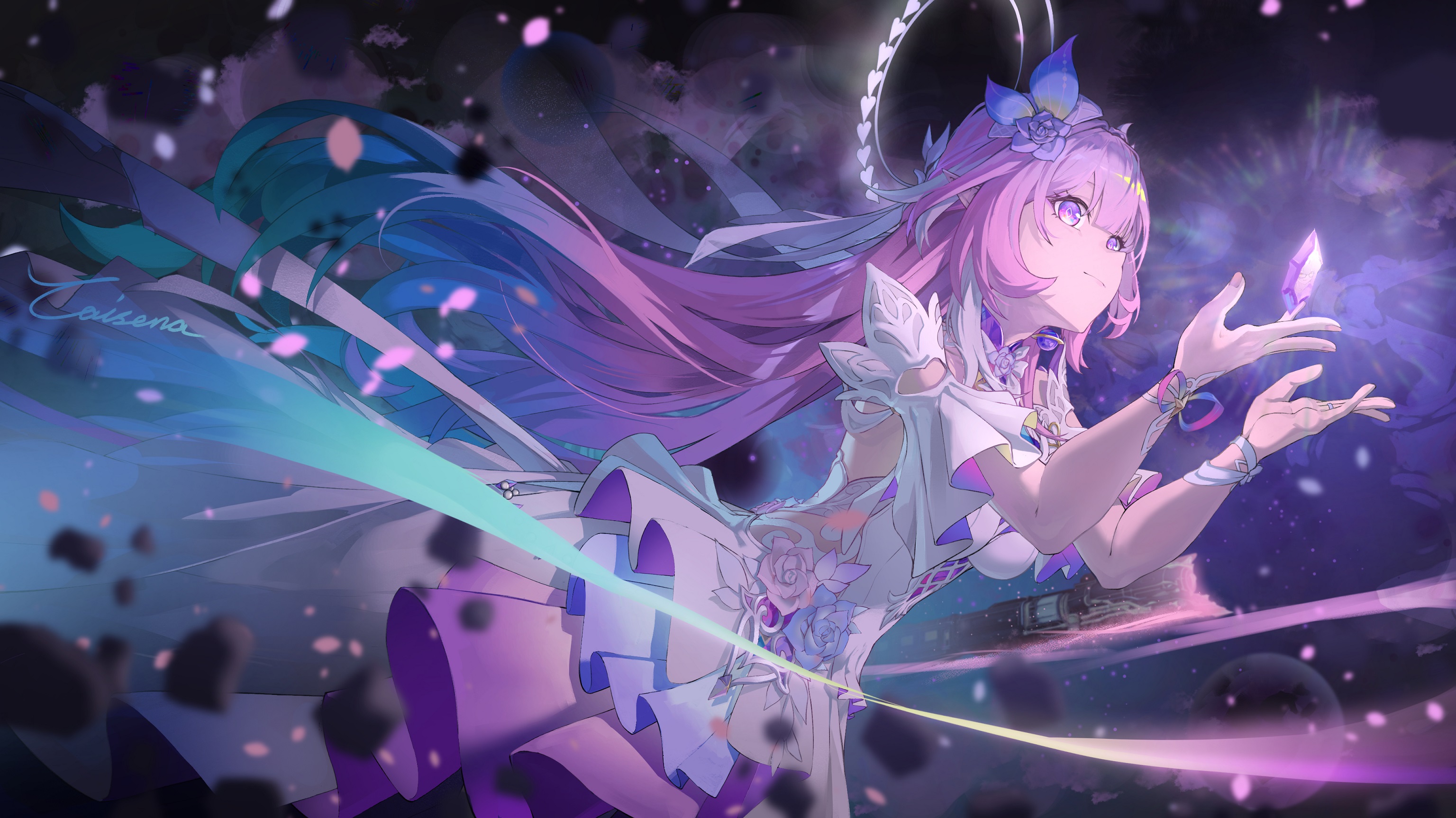 caisena, cyrene (honkai: star rail), honkai: star rail, honkai (series), chinese commentary, commentary request, highres, 1girl, astral express (honkai: star rail), breasts, closed mouth, cyrene (demiurge) (honkai: star rail), dress, flower, gem, gradient hair, hair flower, hair ornament, halo, halo behind head, hands up, long hair, medium breasts, multicolored hair, pink hair, purple eyes, purple flower, purple rose, rose, signature, smile, solo, veil, white dress, white veil