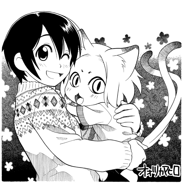 ootsuka mahiro, original, animal ears, cat ears, cat tail, greyscale, monochrome, one eye closed, sweater, tail, wink