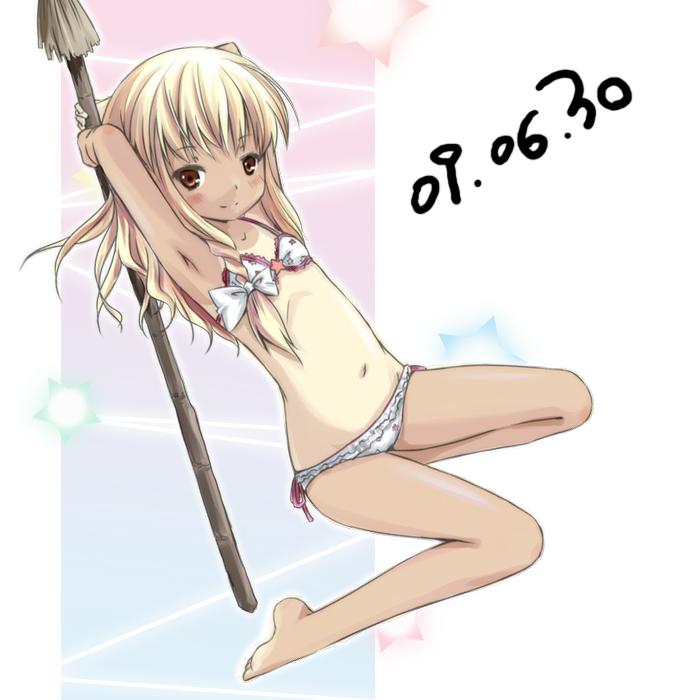 monchy pom, 1girl, armpits, arms up, barefoot, blonde hair, bra, broom, dated, dutch angle, female focus, flat chest, kneeling, lingerie, loli, looking at viewer, navel, one-piece tan, panties, seductive smile, smile, solo, tan, tanline, underwear, underwear only