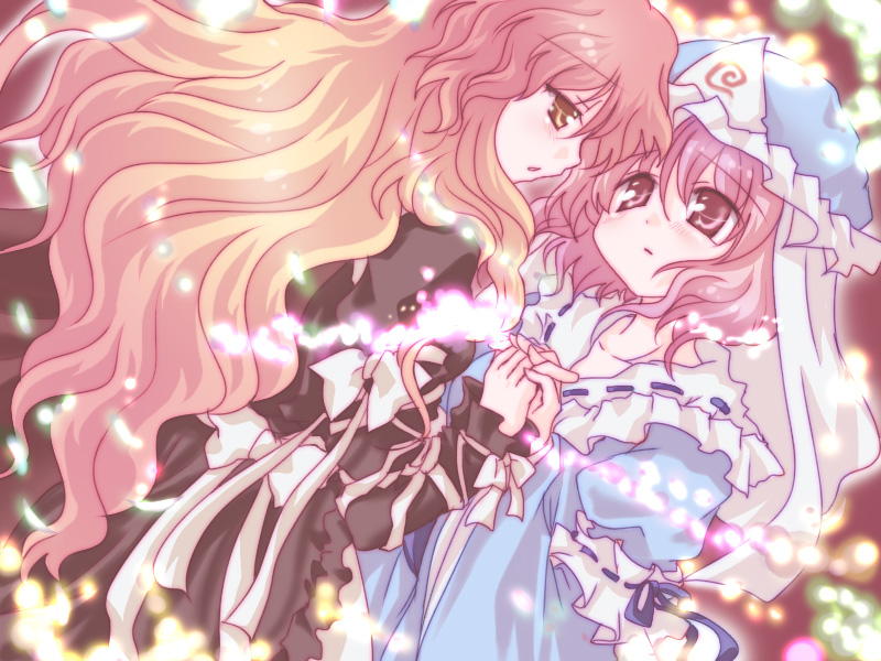 hizukiryou, hijiri byakuren, saigyouji yuyuko, touhou, bad id, bad pixiv id, 2girls, cape, dress, female focus, gradient hair, hat, long hair, multicolored hair, multiple girls, pink eyes, pink hair, short hair, yellow eyes