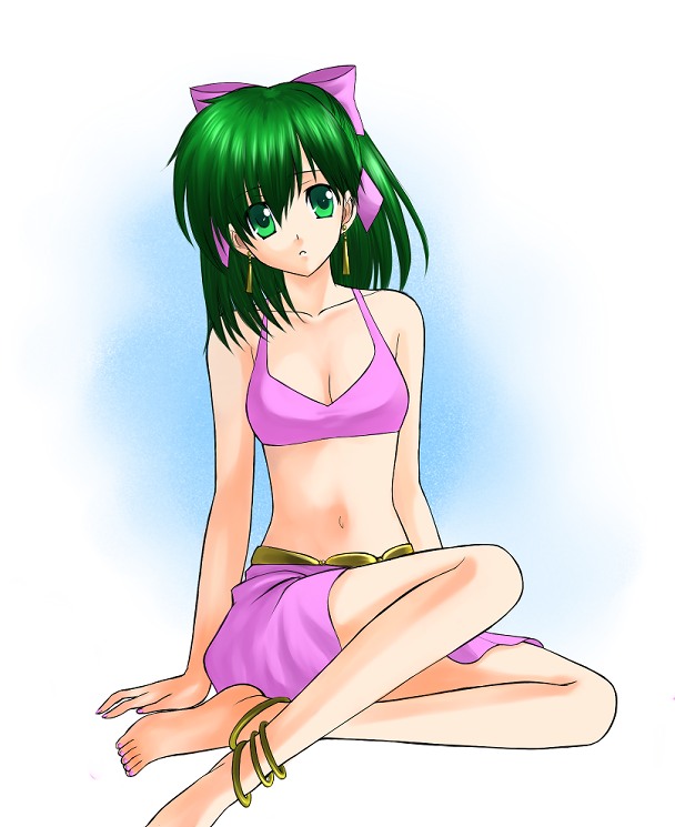 bo (774berry), lene (fire emblem), fire emblem, fire emblem: genealogy of the holy war, nintendo, anklet, barefoot, bikini, bikini top only, bow, dancer, earrings, green eyes, green hair, hair bow, jewelry, lots of jewelry, midriff, short hair, skirt, solo, swimsuit