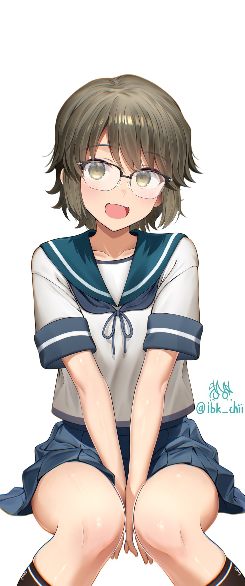 iwabuchi501, miyuki (kancolle), kantai collection, commentary request, highres, 1girl, :d, anchor symbol, bespectacled, between legs, black socks, blue neckerchief, blue sailor collar, blue skirt, blush, brown eyes, brown hair, feet out of frame, glasses, hair between eyes, hand between legs, invisible chair, kneehighs, medium hair, messy hair, miniskirt, neckerchief, open mouth, pleated skirt, sailor collar, school uniform, serafuku, shirt, short sleeves, sidelocks, simple background, sitting, skirt, smile, socks, solo, thighs, twitter username, white background, white shirt
