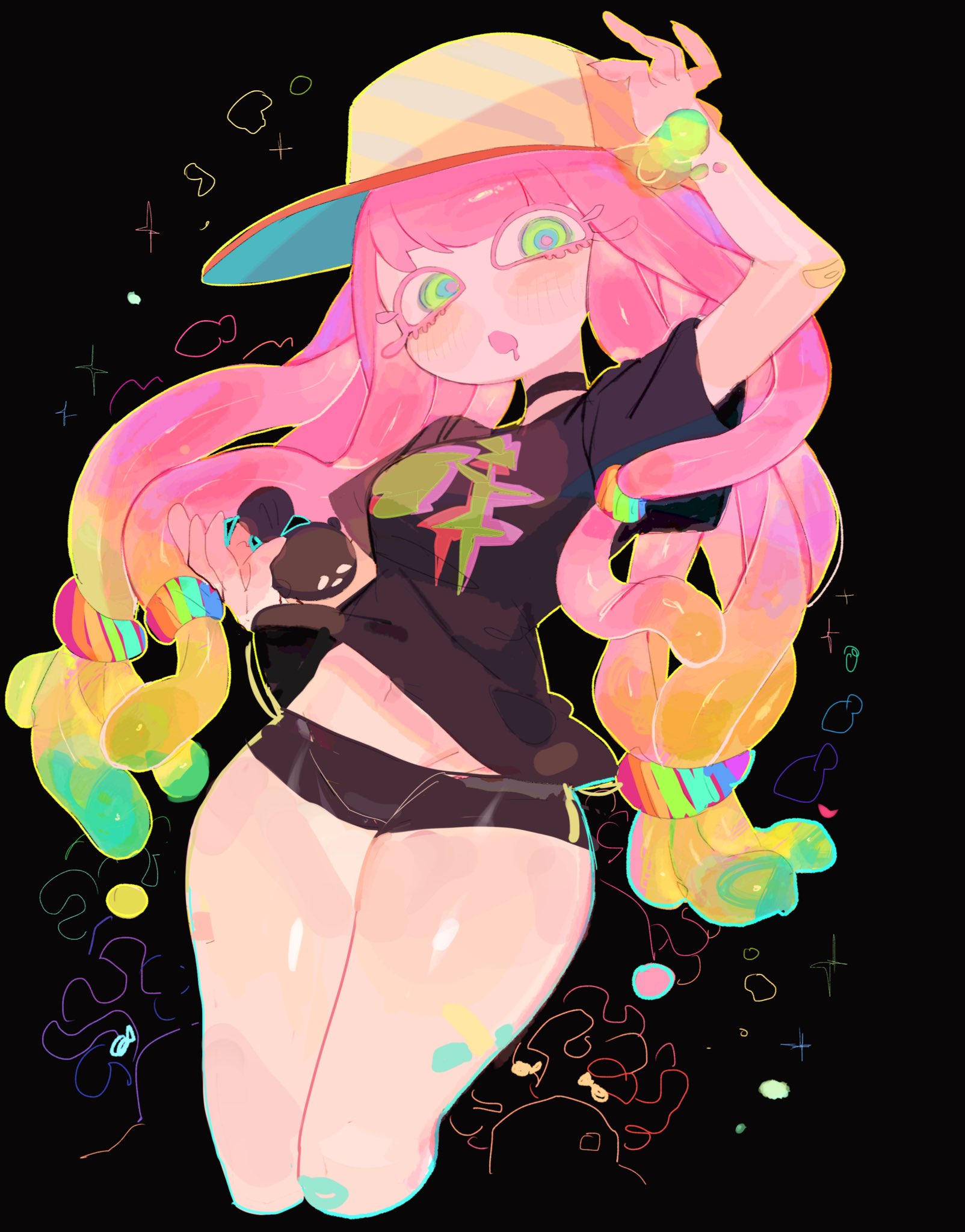usa37107692, harmony (splatoon), nintendo, splatoon (series), commentary request, highres, 1girl, arm up, baseball cap, black background, black shirt, black shorts, breasts, colored eyelashes, cropped legs, drooling, gradient hair, green eyes, hat, long hair, looking at viewer, mouth drool, multicolored hair, open mouth, pink hair, shirt, short shorts, short sleeves, shorts, small breasts, solo, tentacle hair, thighs, yellow hat