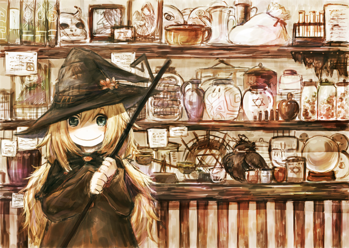 morikawa sumio, original, bad id, bad pixiv id, 1girl, absurdly detailed composition, blonde hair, female focus, hat, loaded interior, shelf, smile, solo, witch, witch hat