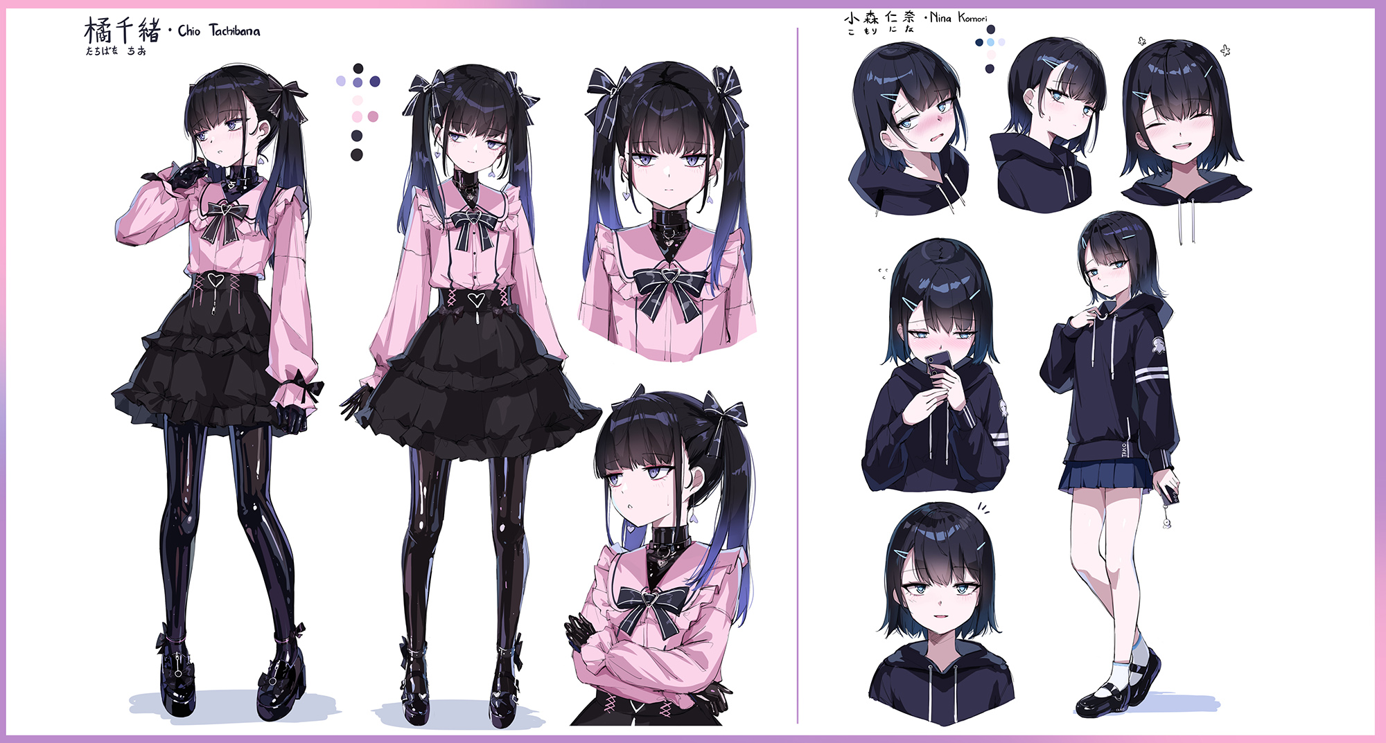 liclac, original, highres, 2girls, black bodysuit, black hair, black jacket, black skirt, blue skirt, bodysuit, bow, character name, color guide, full body, hair bow, hair ornament, hairclip, jacket, jirai kei, latex, latex bodysuit, looking at viewer, medium hair, multiple girls, pink shirt, shiny clothes, shirt, short hair, skirt, standing, twintails
