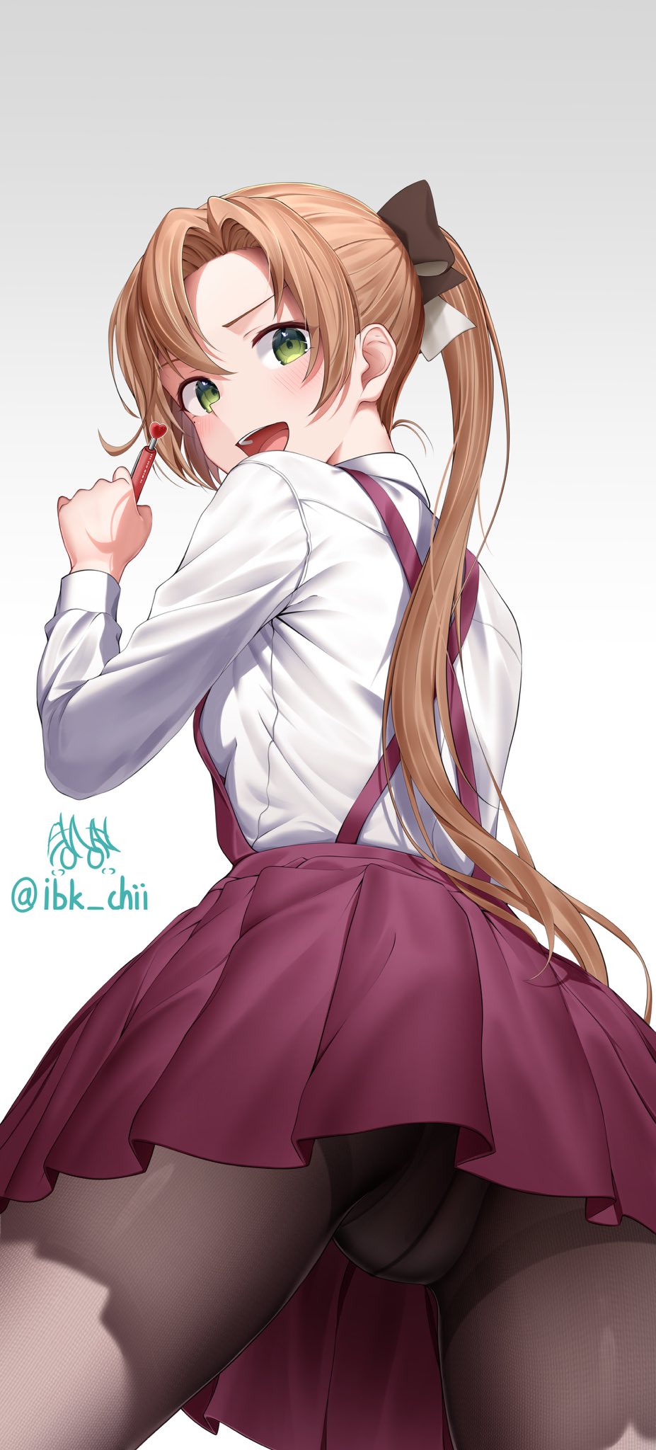 iwabuchi501, akigumo (kancolle), kantai collection, commentary request, highres, 1girl, :d, ass, black pantyhose, blush, bow, brown bow, brown hair, collared shirt, crotch seam, dress, food, from behind, from below, fruit, gradient background, green eyes, grey background, hair between eyes, hair bow, holding, holding food, holding fruit, long hair, long sleeves, looking at viewer, open mouth, panties, panties under pantyhose, pantyhose, pleated dress, ponytail, red dress, shirt, sidelocks, simple background, smile, solo, teeth, thighband pantyhose, thighs, turning head, twitter username, underwear, upper teeth only, very long hair, white background, white shirt