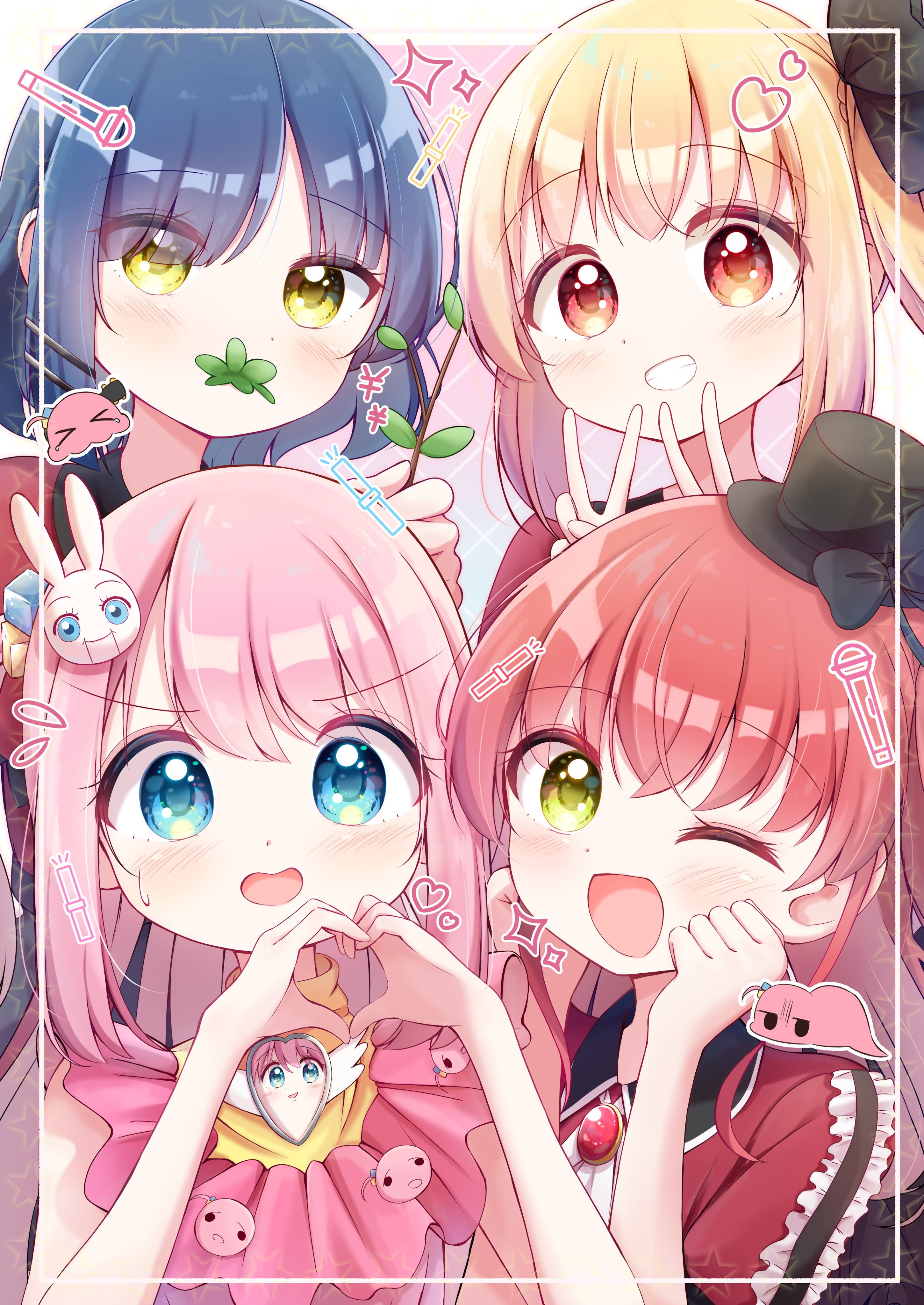 haruiroha, gotoh hitori, ijichi nijika, kita ikuyo, yamada ryo, bocchi the rock!, absurdres, commentary request, highres, 4girls, :d, ascot, black hat, blonde hair, blue eyes, blue hair, branch, brooch, collared dress, cube hair ornament, dot nose, double v, dress, eyes visible through hair, green hair, hair ornament, hairclip, hands up, hat, heart, heart hands, holding, holding branch, inset border, jewelry, leaf, leaf in mouth, light blush, long hair, looking at viewer, mini hat, mini top hat, multiple girls, one eye closed, open mouth, parted lips, pink dress, pink hair, rabbit hair ornament, red dress, red eyes, red hair, short hair, side ponytail, sidelocks, sleeveless, sleeveless dress, smile, star (symbol), sweatdrop, top hat, v, white ascot