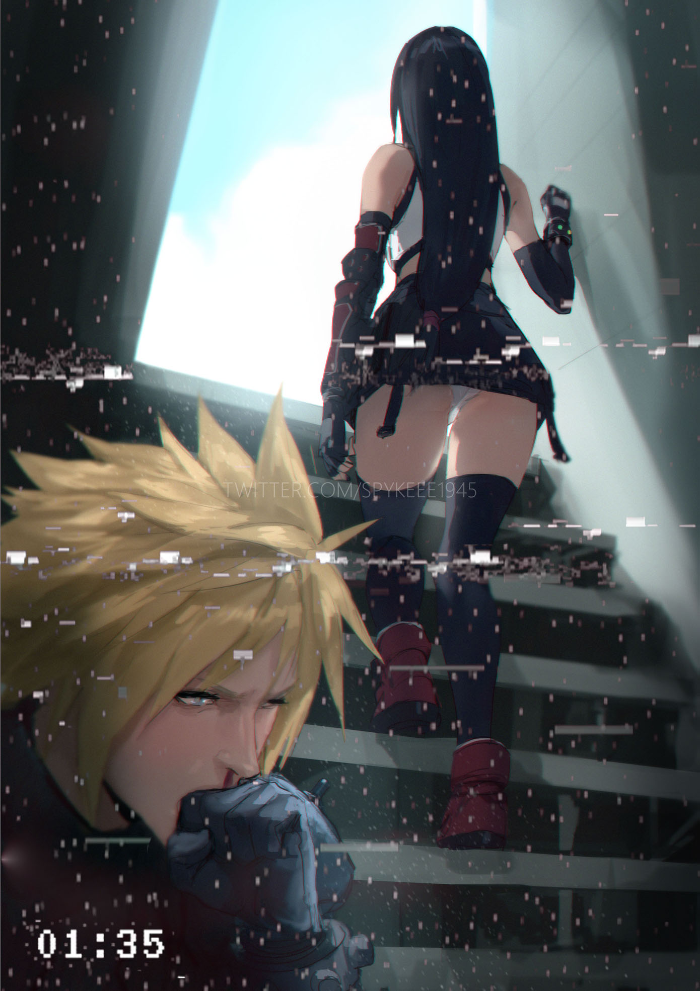 spykeee, cloud strife, tifa lockhart, final fantasy, final fantasy vii, final fantasy vii rebirth, final fantasy vii remake, commentary, duplicate, english commentary, highres, pixel-perfect duplicate, 1boy, 1girl, armor, ass peek, bare shoulders, biting, biting another's hand, black gloves, black hair, black skirt, black thighhighs, blonde hair, blood, blue eyes, blue sky, boots, clenched hand, cloud, cloudy sky, crop top, elbow gloves, elbow pads, from behind, full body, glitch, gloves, hetero, long hair, low-tied long hair, miniskirt, nosebleed, panties, pantyshot, red boots, shoulder armor, single arm guard, single elbow pad, skirt, sky, spiked hair, stairs, suspender skirt, suspenders, sweater, tank top, thighhighs, thighs, turtleneck, turtleneck sweater, twitter username, underwear, upper body, upskirt, walking, white panties, white tank top