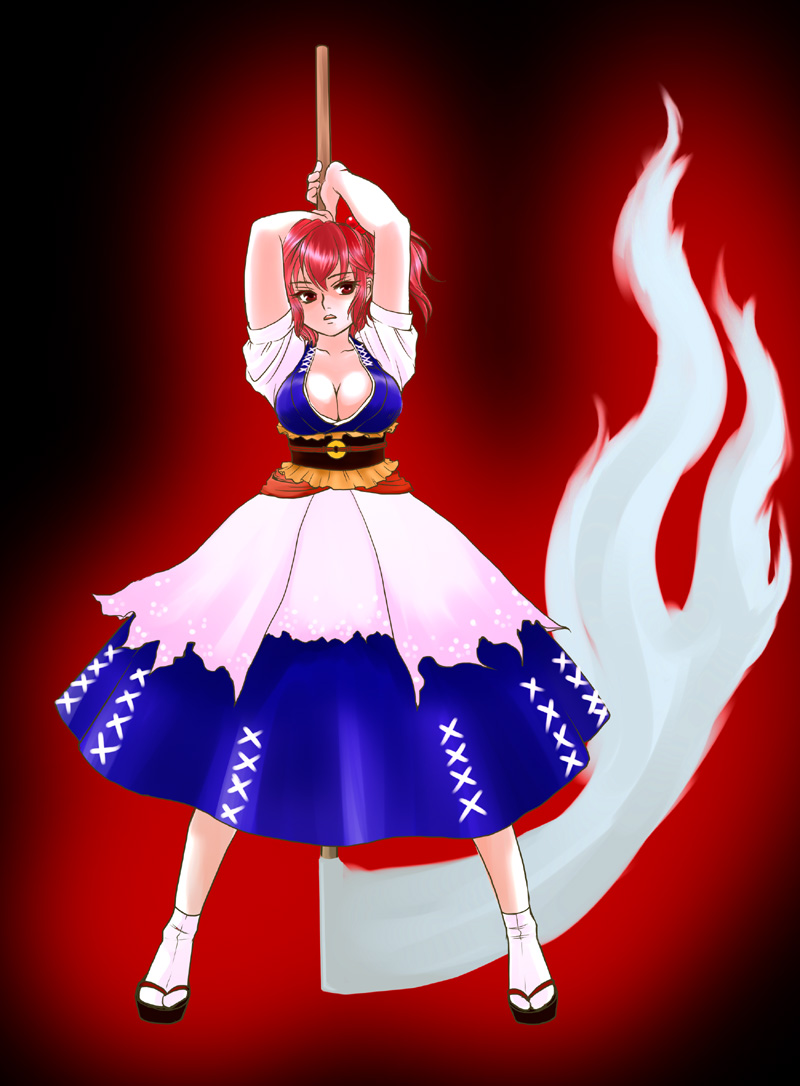 kuroi ken'ichi, kurokkenu, onozuka komachi, touhou, 1girl, alternate weapon, breasts, cleavage, female focus, hair bobbles, hair ornament, large breasts, red eyes, red hair, scythe, short hair, solo, twintails, two side up, weapon