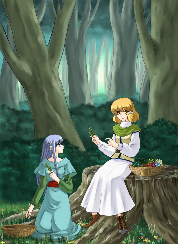 bo (774berry), julia (fire emblem), lana (fire emblem), fire emblem, fire emblem: genealogy of the holy war, nintendo, light purple hair, basket, blonde hair, brown eyes, dress, forest, long hair, nature, purple eyes, purple hair, short hair