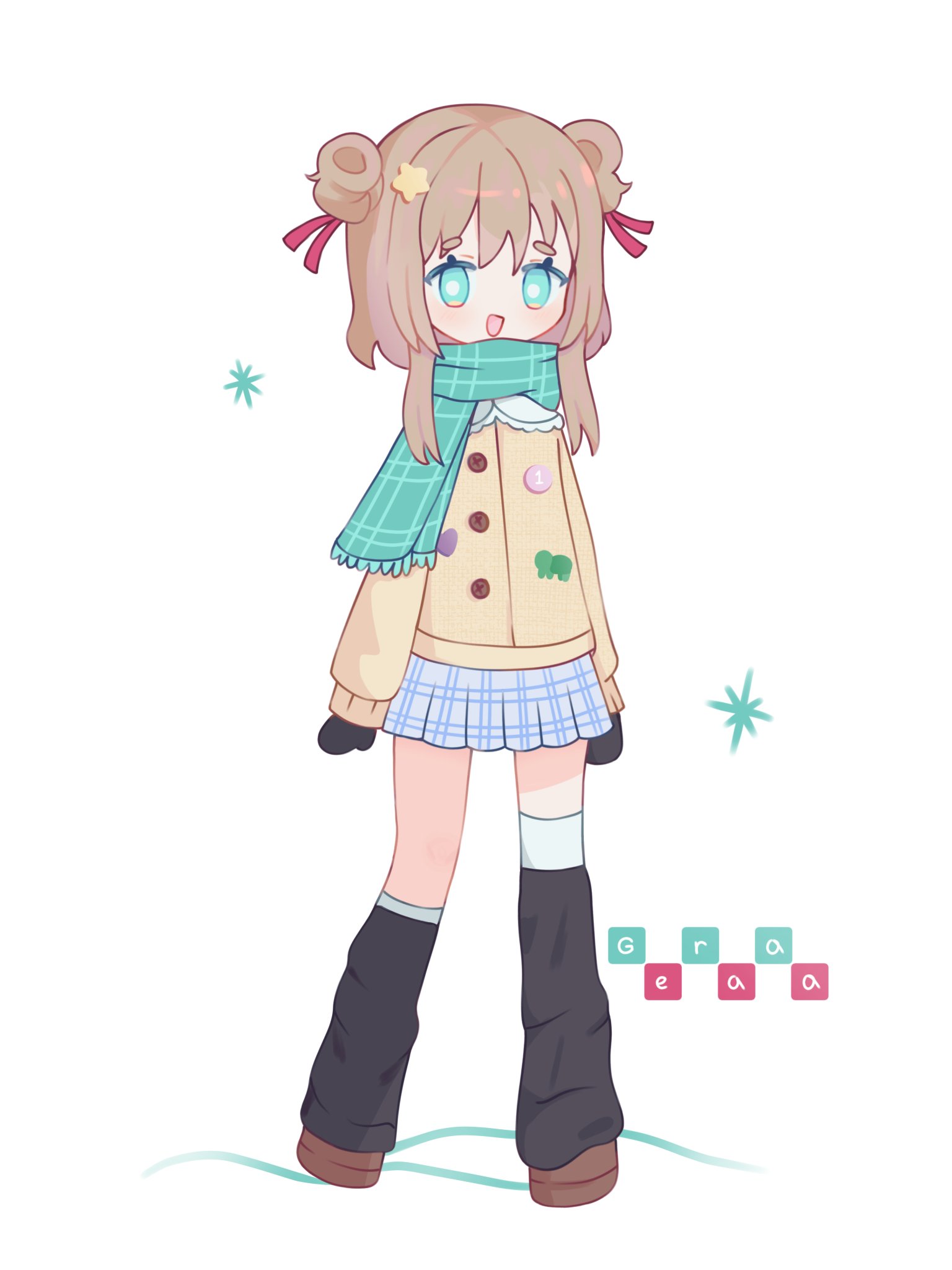 neuro-sama, highres, 1girl, :d, adapted costume, alternate hair length, alternate hairstyle, asymmetrical legwear, badge, bala 0164, black leg warmers, black mittens, blue eyes, blue skirt, bright pupils, brown hair, brown shoes, button badge, buttons, cardigan, double bun, full body, green scarf, hair bun, hair ornament, hair ribbon, leg warmers, long sleeves, looking at viewer, miniskirt, mittens, no nose, open mouth, peter pan collar, pink ribbon, plaid clothes, plaid scarf, plaid skirt, pleated skirt, ribbon, scarf, shoes, short hair, sidelocks, simple background, skirt, smile, snowflakes, socks, solo, standing, star (symbol), star hair ornament, thighhighs, two side up, vedal ai, walking, white background, white pupils, white socks, white thighhighs, winter, yellow cardigan