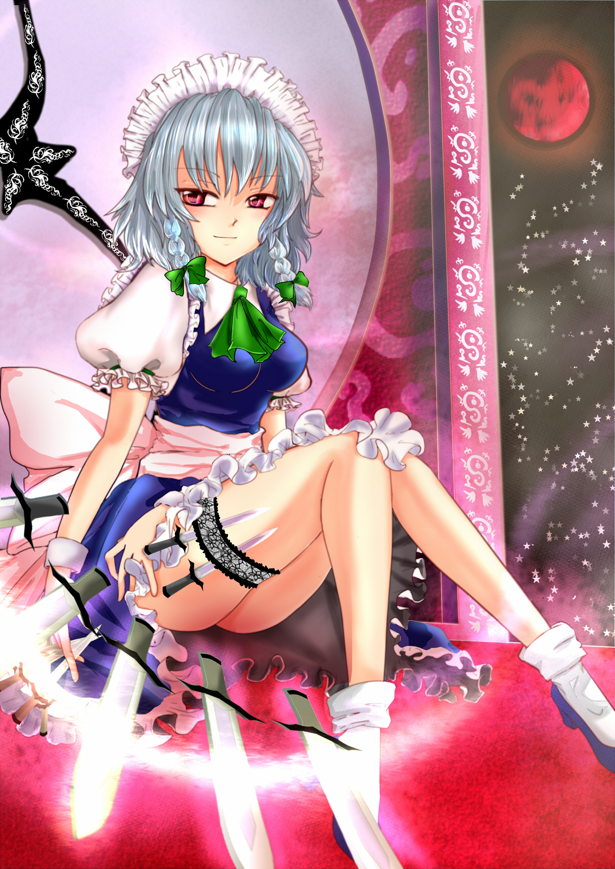 pinkrojar, izayoi sakuya, touhou, silver hair, bad id, bad pixiv id, highres, 1girl, ass, braid, breasts, female focus, frilled thigh strap, knife, maid, moon, outdoors, red eyes, red moon, short hair, sky, solo, thigh strap, throwing knife, twin braids, weapon