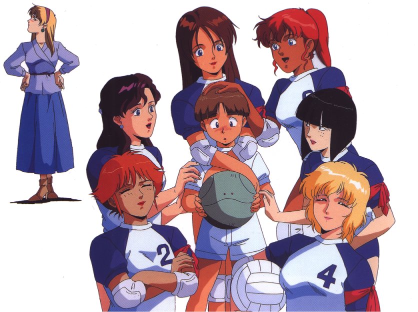 connie francis, haro, helen jackson, junko jenko, kate bush, katejina loos, peggy lee, uso evin, uso ewin, yuka meilasch, gundam, victory gundam, official art, 1990s (style), 1boy, 6+girls, ball, black hair, blonde hair, blue eyes, brown hair, dress, everyone, freckles, gym uniform, hairband, long hair, multiple girls, pimp, purple hair, raglan sleeves, red hair, retro artstyle, short hair, volleyball, volleyball (object)