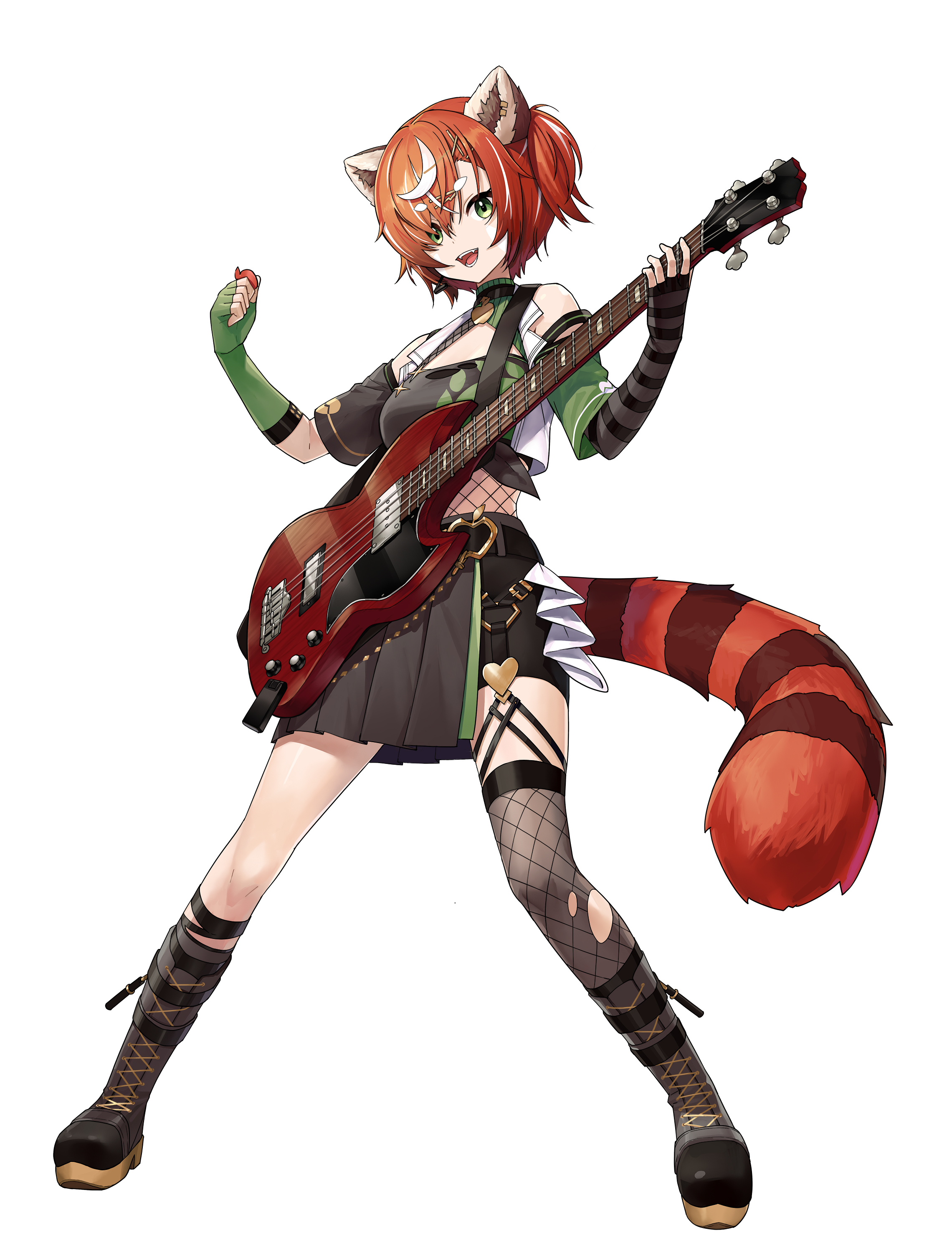 mytea (soso), original, absurdres, commission, highres, skeb commission, 1girl, animal ear fluff, animal ears, asymmetrical clothes, bare shoulders, black gloves, black skirt, elbow gloves, electric guitar, fingerless gloves, fishnet thighhighs, fishnets, full body, gloves, green eyes, green gloves, guitar, hair ornament, hair over one eye, hairclip, instrument, looking at viewer, multicolored hair, orange hair, plectrum, short hair, shorts, side ponytail, single elbow glove, single thighhigh, skirt, solo, standing, streaked hair, striped clothes, tail, thick eyebrows, thighhighs, two-tone hair, white background, white hair