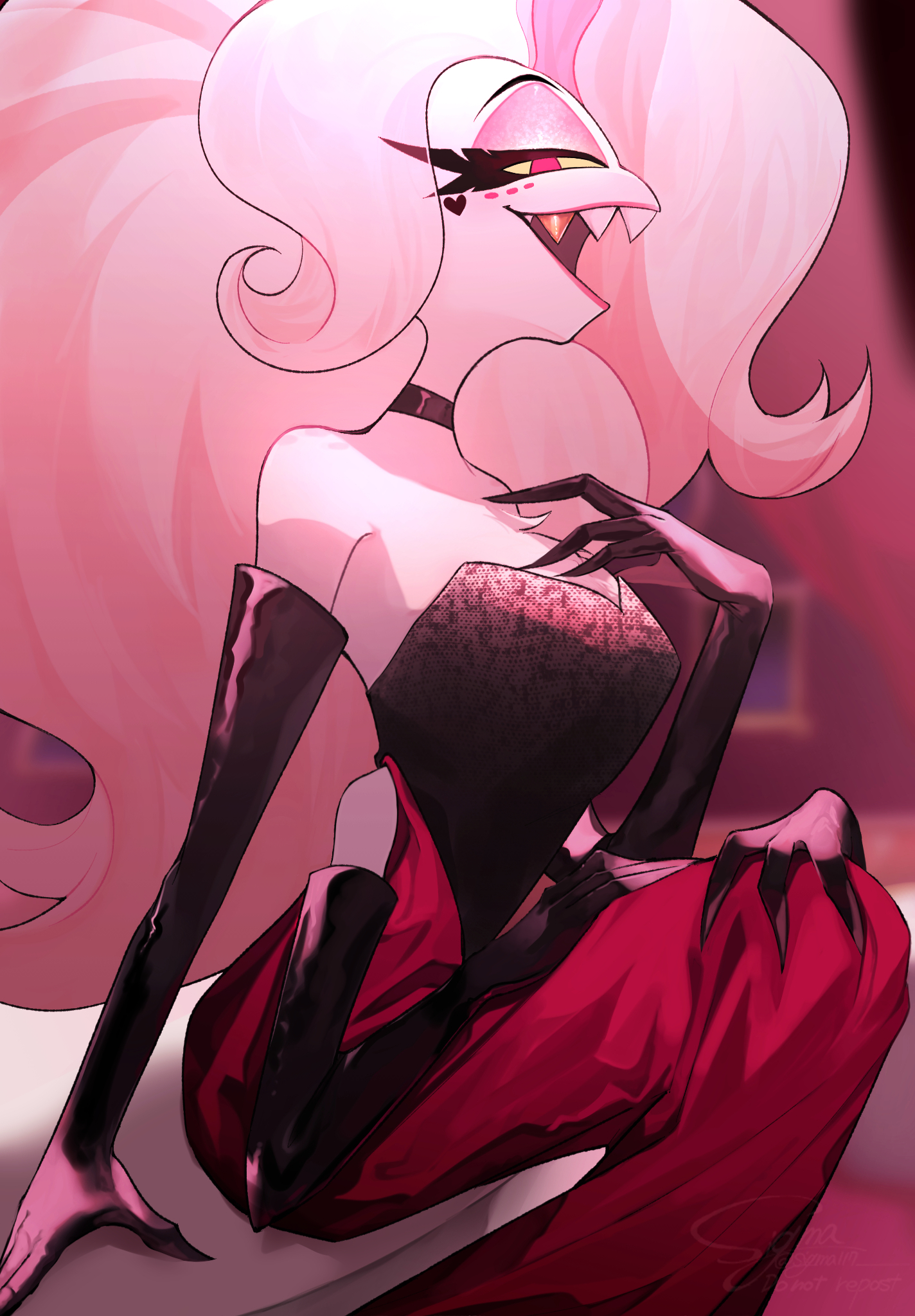 sigma117, angel dust, hazbin hotel, hellaverse, highres, 1boy, black gloves, breasts, crossdressing, drag queen, dress, elbow gloves, gloves, large breasts, long hair, looking at viewer, pink hair, red dress, side slit, smile, solo, thighs